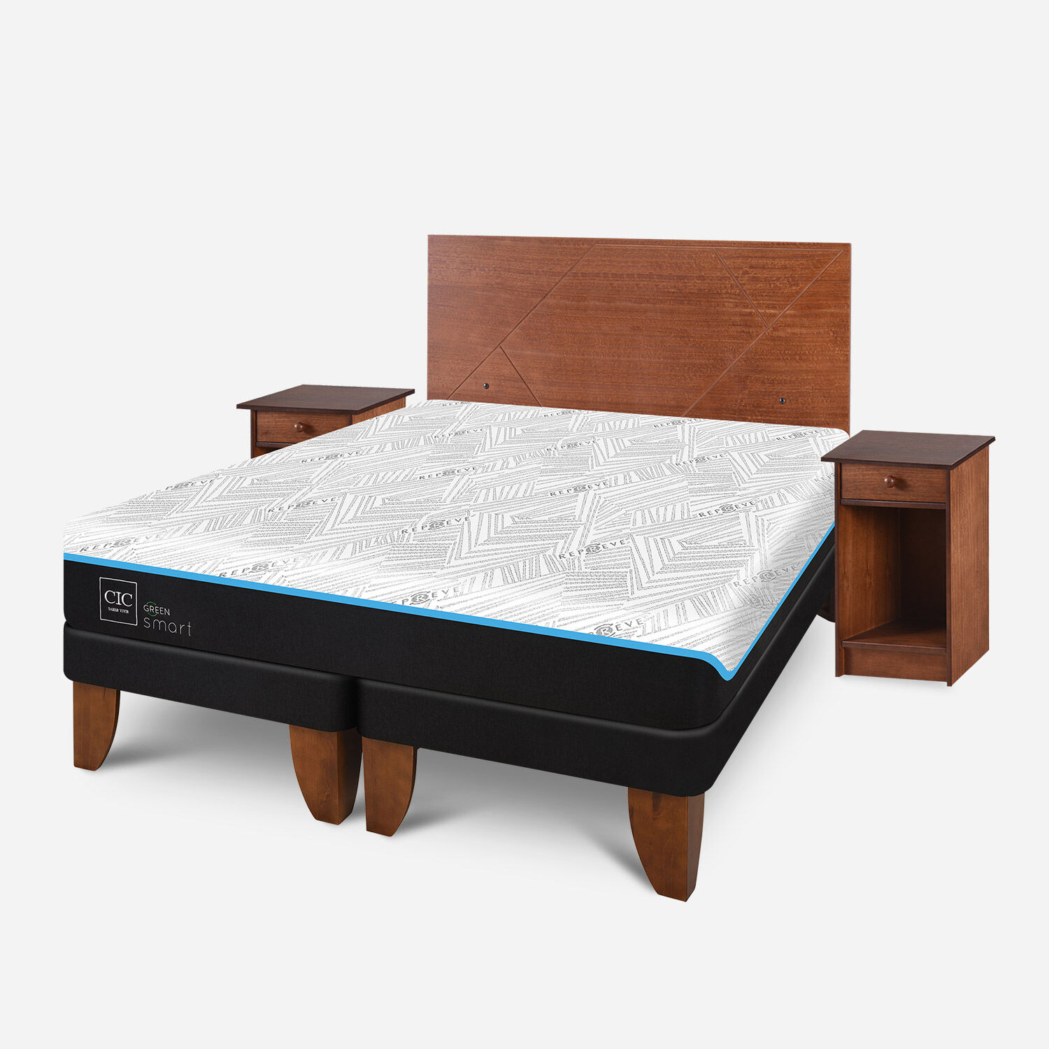 Cama Europea 2 Plazas Smart Green Base Dividida + Set Villarrica