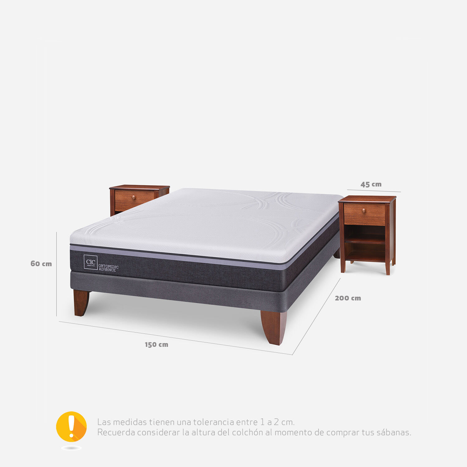 Cama Europea 2 Plazas Ortopedic Advance Base Normal + Veladores Torino Caramel