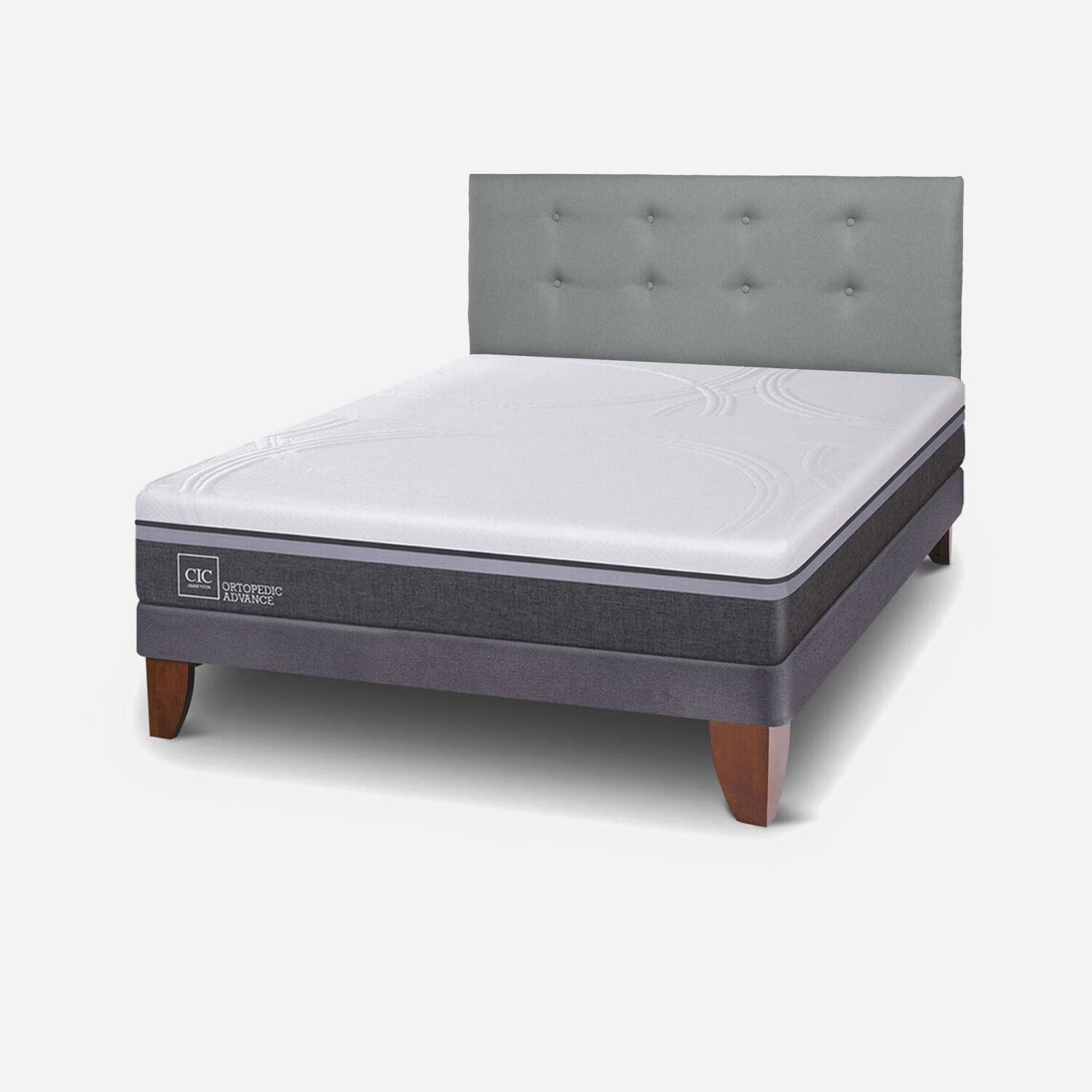 Cama Europea 2 Plazas Ortopedic Advance Base Normal + Respaldo Tapizado Gris