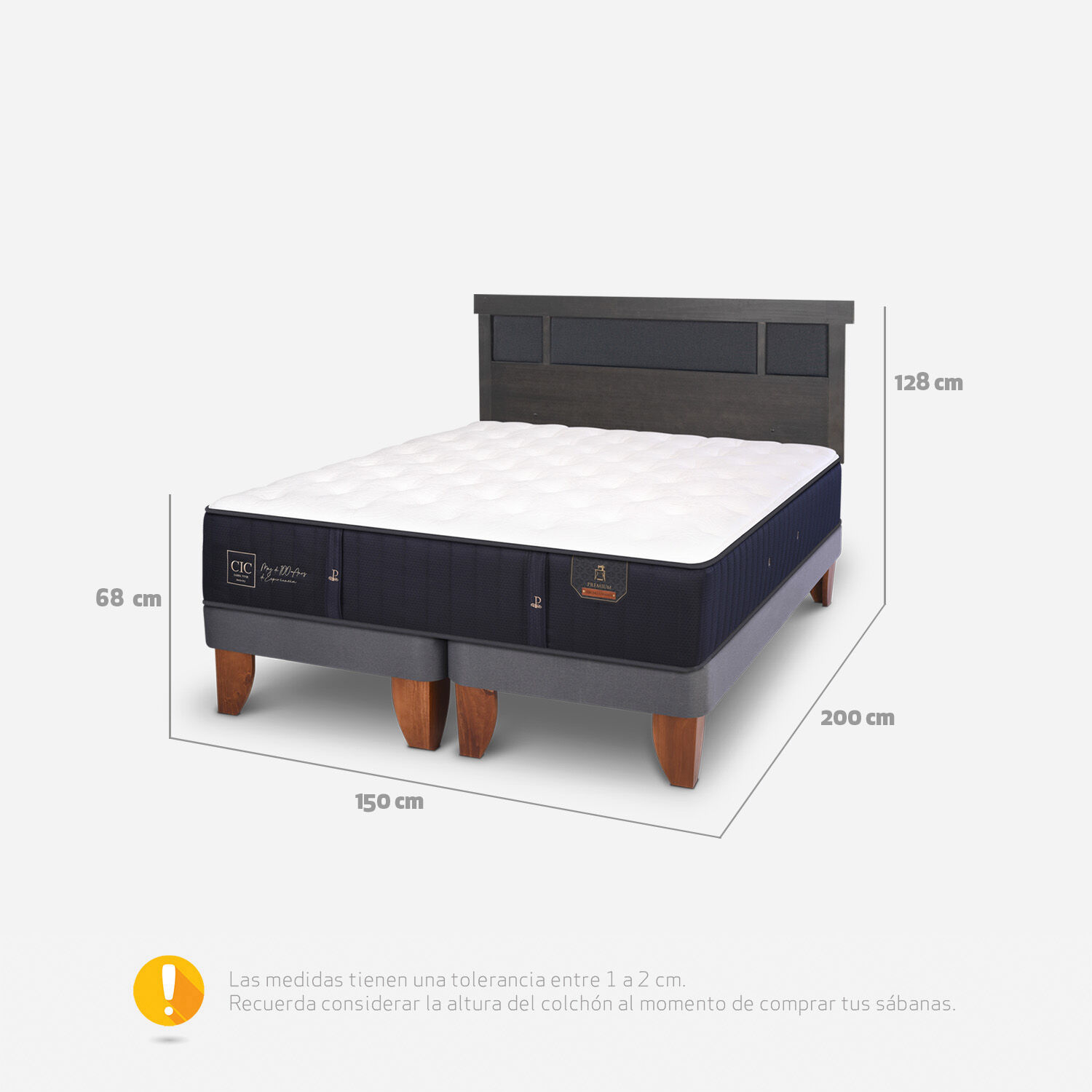 Cama Europea 2 Plazas Premium Base Dividida + Respaldo Dublín Gris