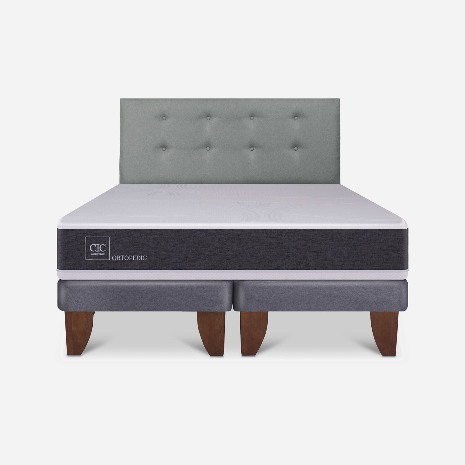 Cama Europea 2 Plazas New Ortopedic Base Dividida + Respaldo Tapizado Gris