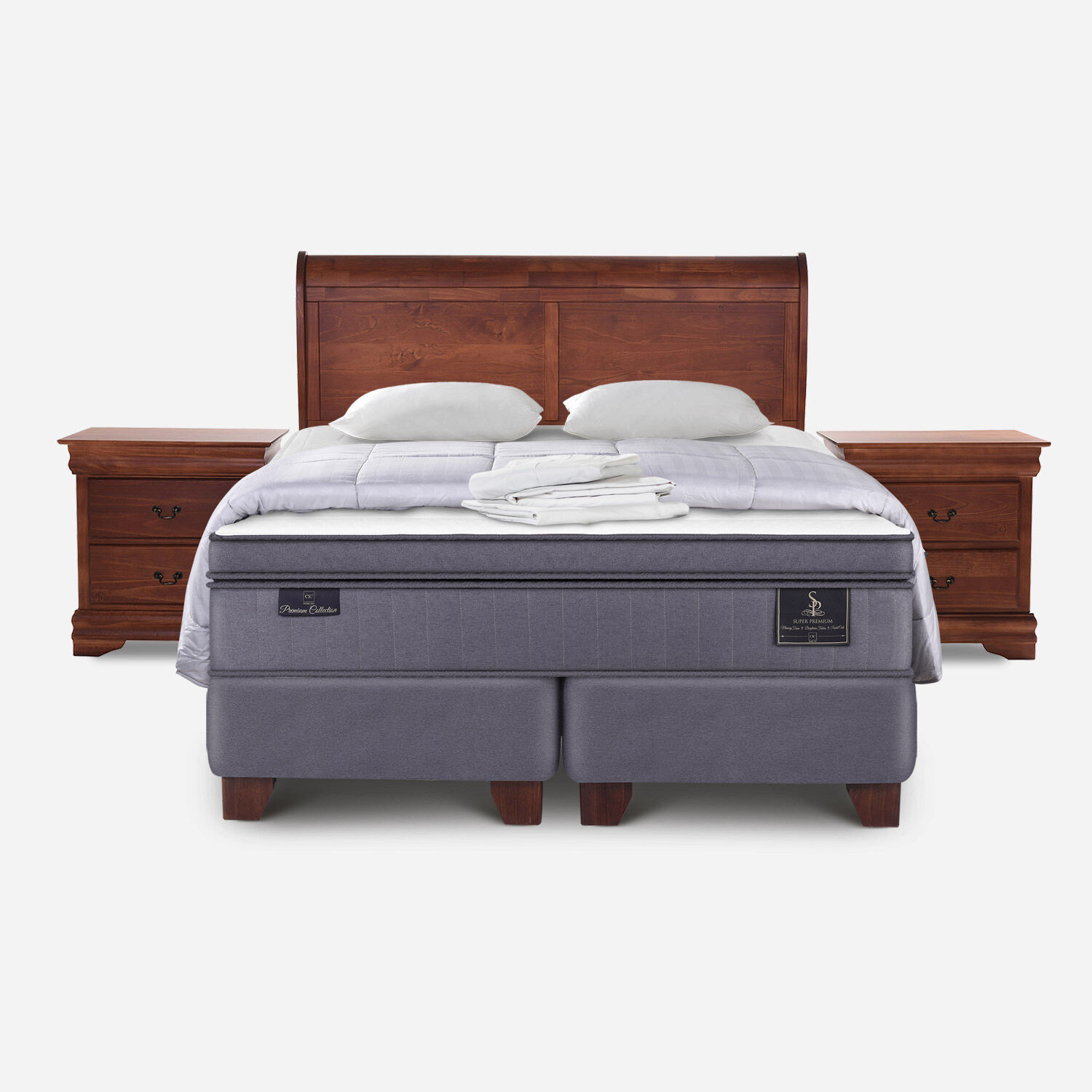 Box Spring 2 Plazas Super Premium Base Dividida + Almohadas + Plum&oacute;n + S&aacute;banas + Set Mir&oacute; Caramel