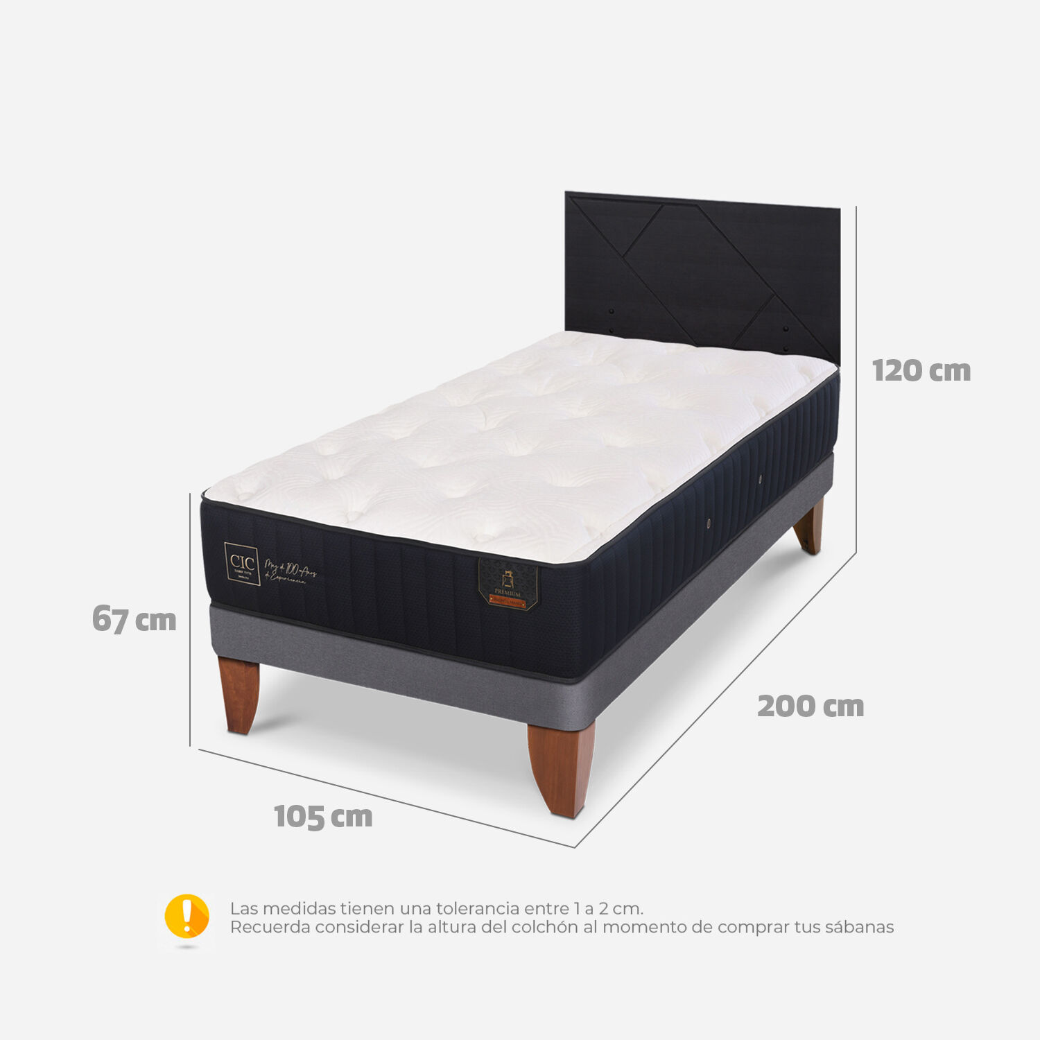 Cama Europea 1,5 Plazas Premium + Respaldo Villarrica Negro