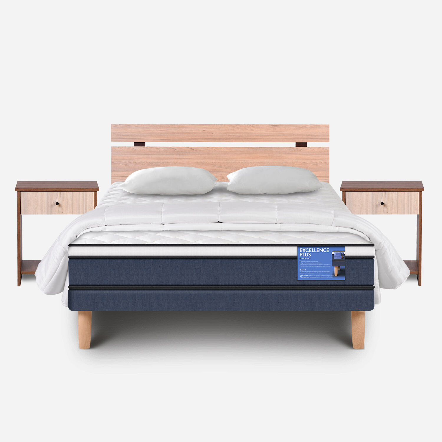 Cama Europea 2 Plazas Excellence Plus Base Normal + Almohadas + Plum&oacute;n + Set Olmo