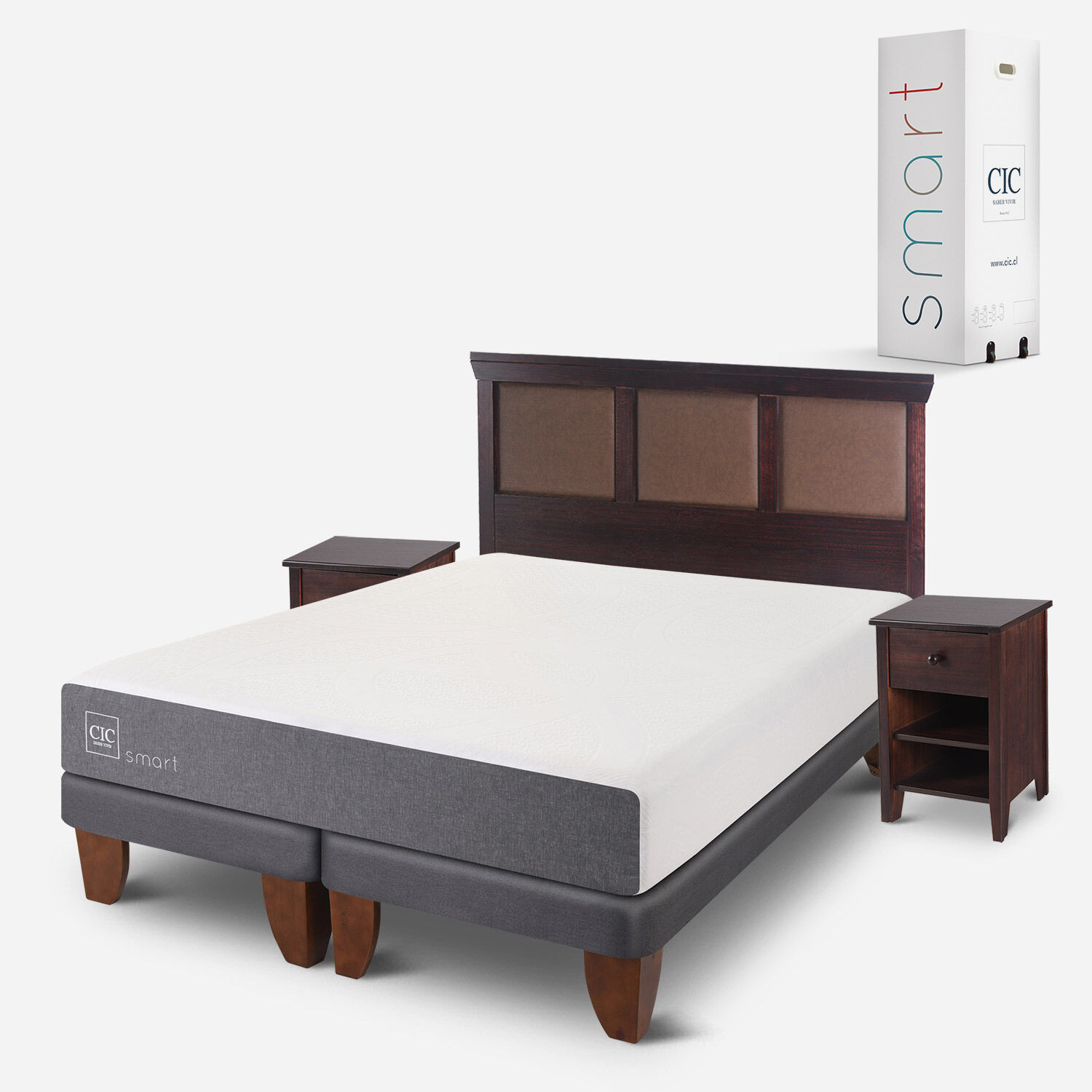 Cama Europea 2 Plazas Smart Base Dividida + Set Torino Chocolate
