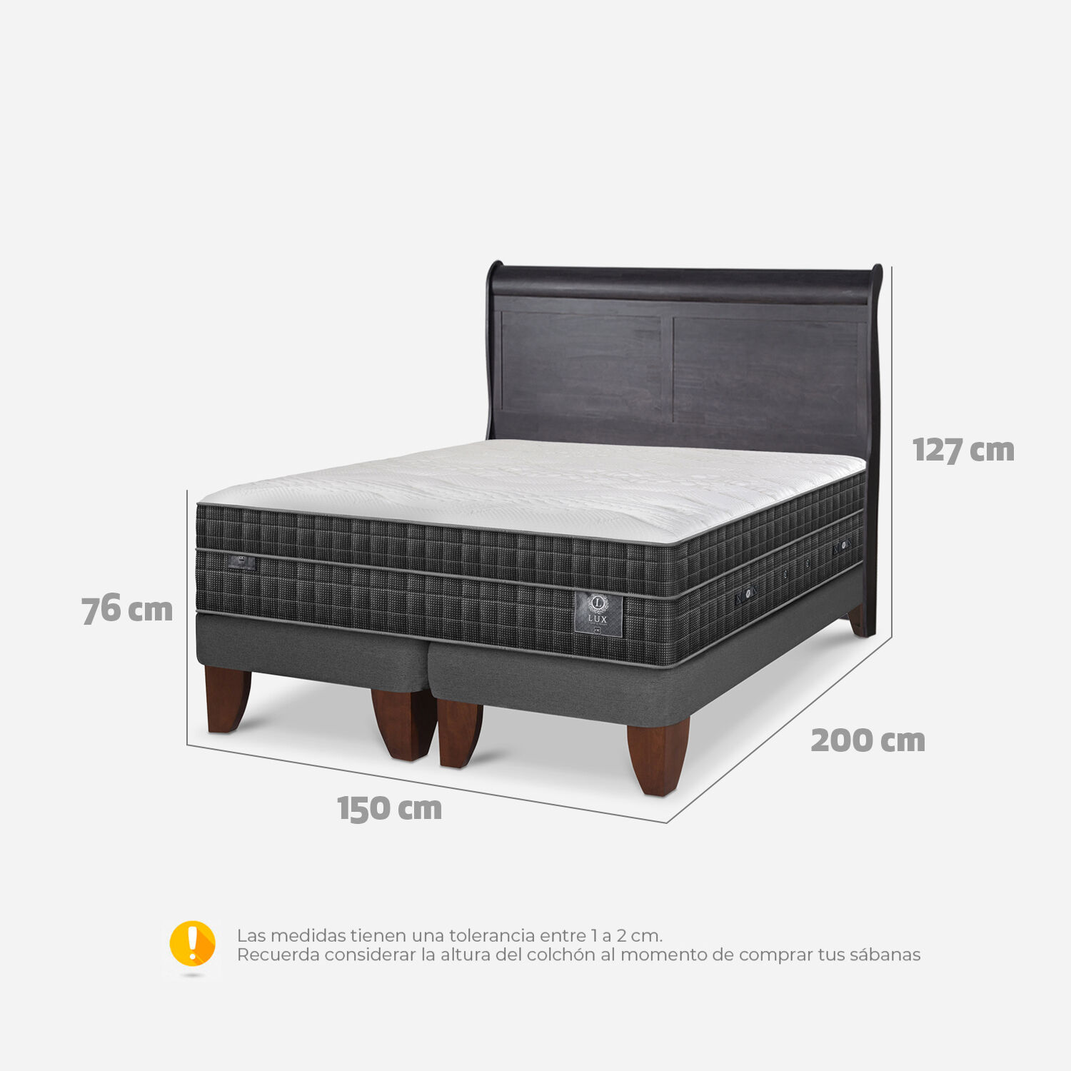 Cama Europea 2 Plazas Lux Base Dividida + Respaldo Mir&oacute; Negro