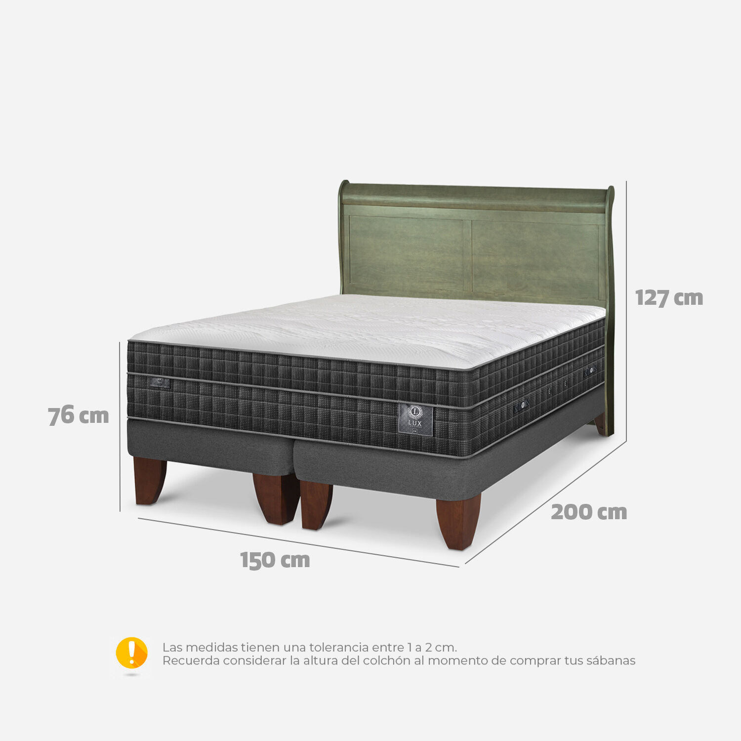 Cama Europea 2 Plazas Lux Base Dividida + Respaldo Miró Olivo