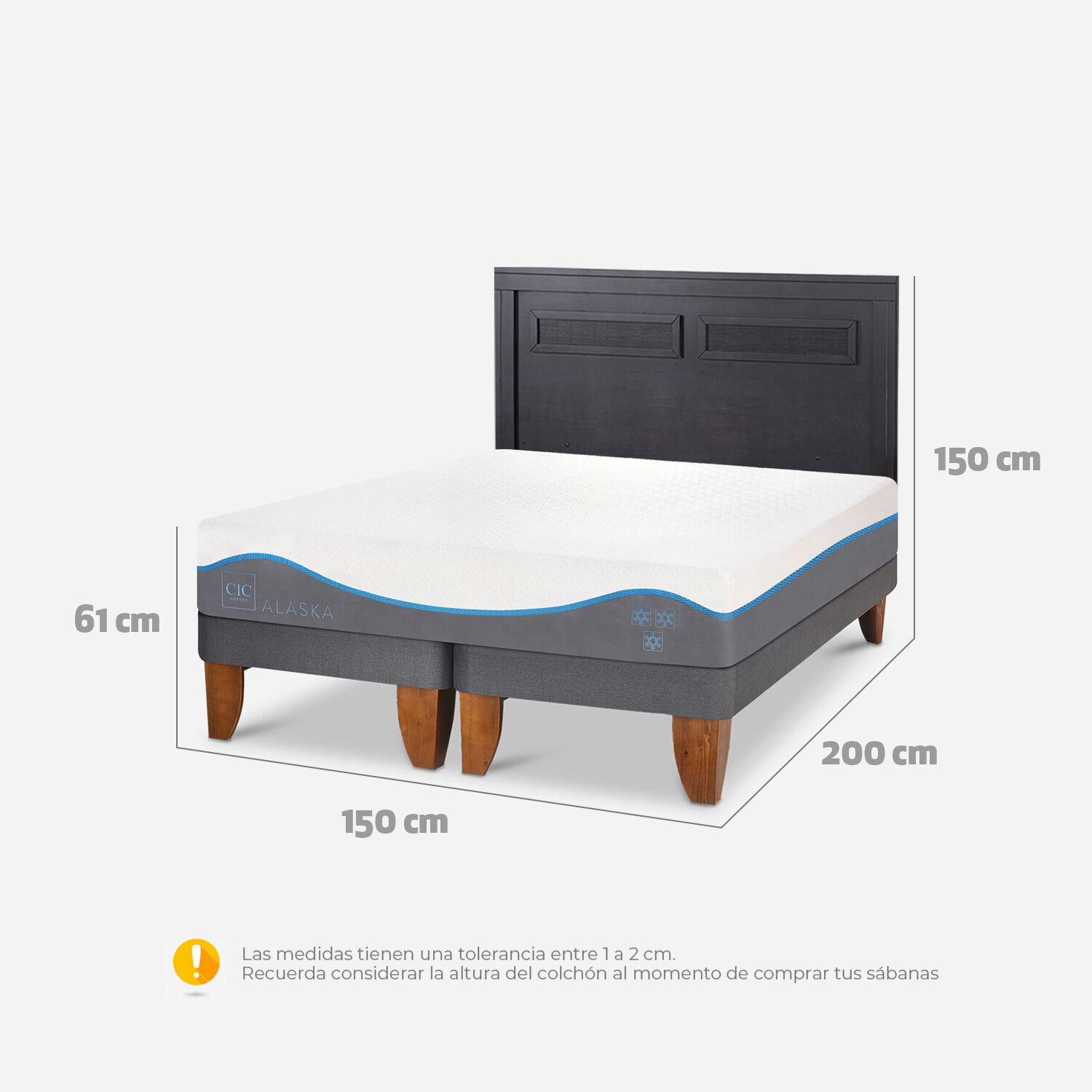 Cama Europea 2 Plazas Alaska Base Dividida + Respaldo Milán Negro