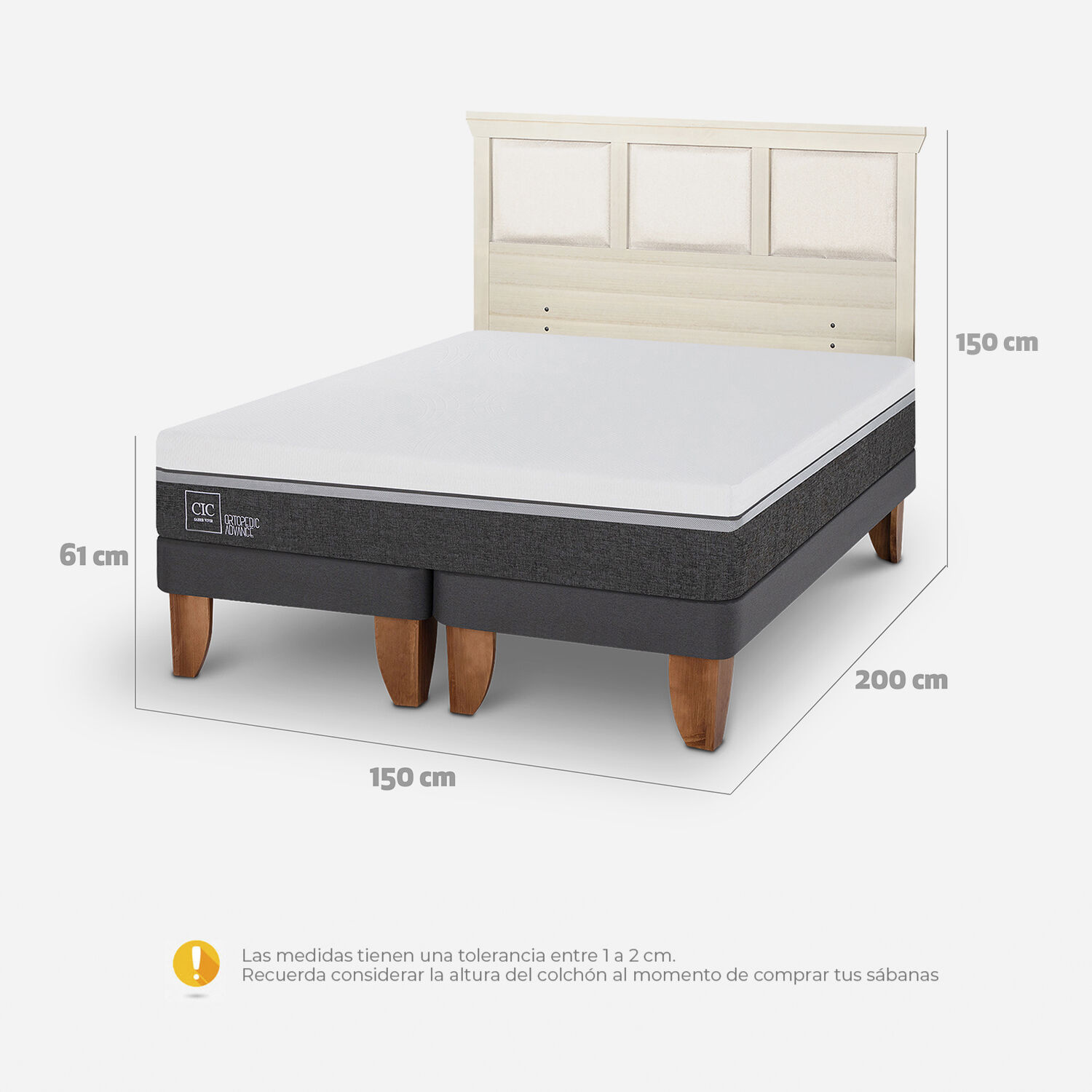 Cama Europea 2 Plazas Ortopedic Advance Base Dividida + Respaldo Torino Alpino