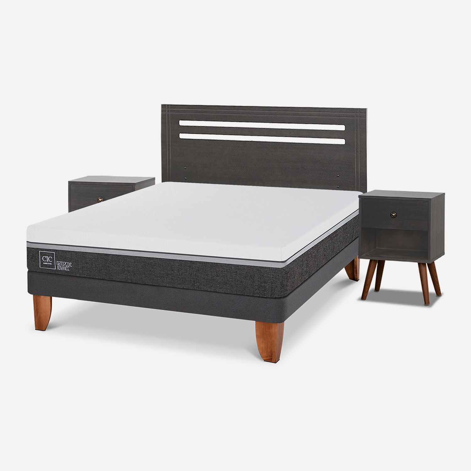 Cama Europea 2 Plazas Ortopedic Advance Base Normal + Set Múnich Gris
