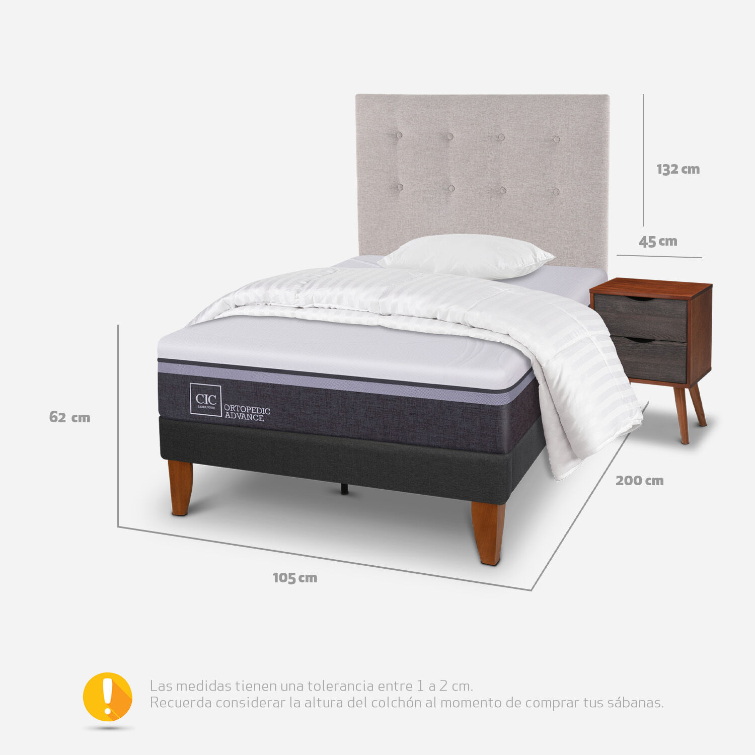 Cama Europea Curve 1,5 Plazas Ortopedic Advance + Set Tigris + Almohada + Plum&oacute;n
