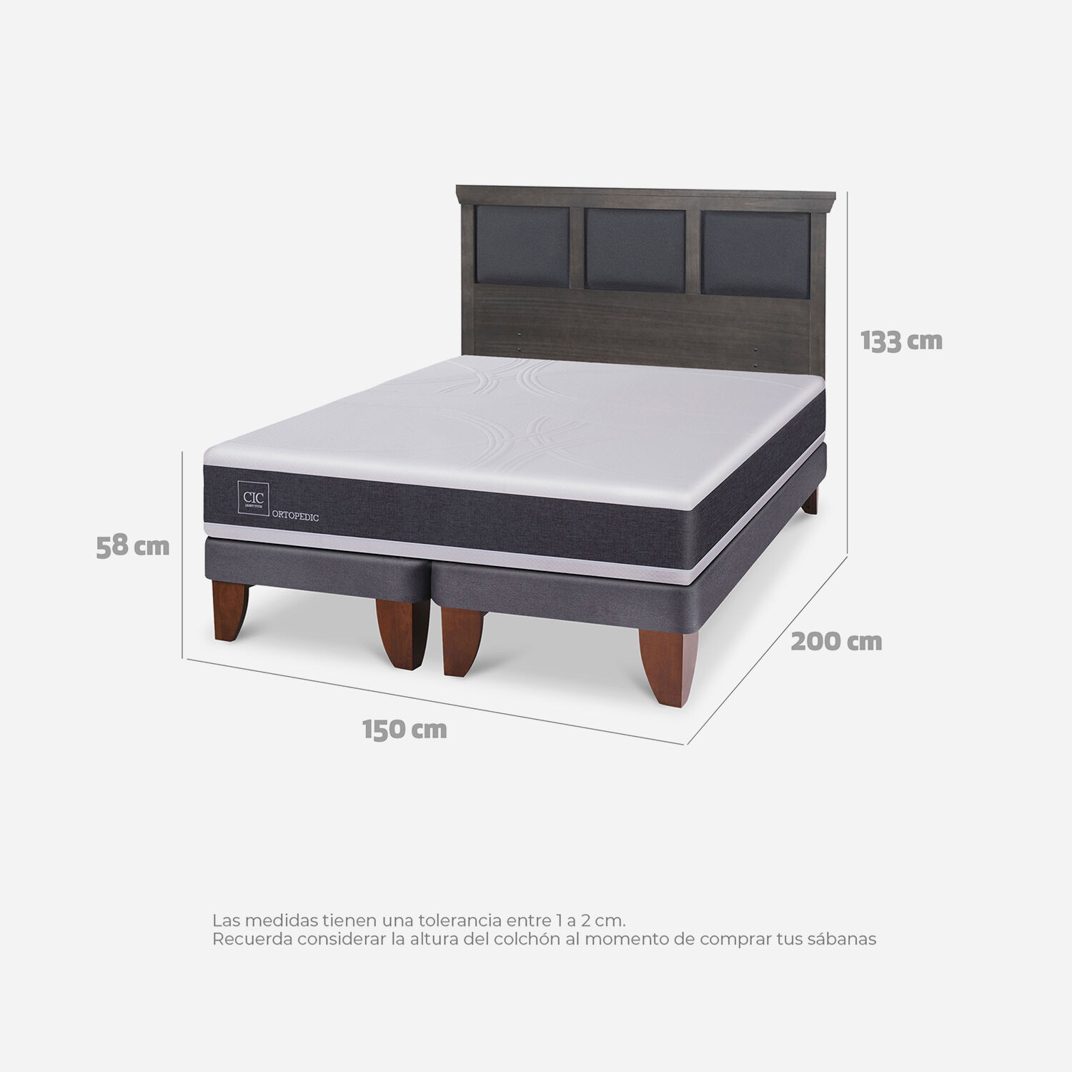 Cama Europea 2 Plazas Ortopedic Base Dividida + Respaldo Torino Gris