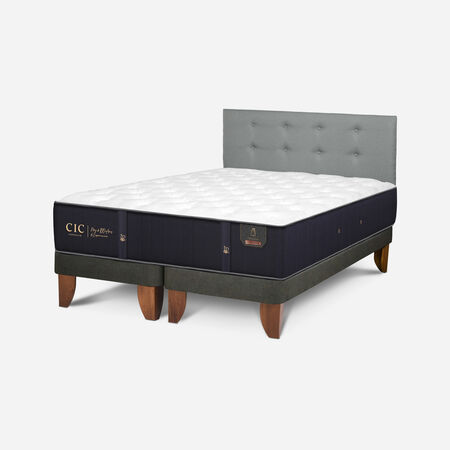 Cama Europea Full Premium + Respaldo Tapizado Gris