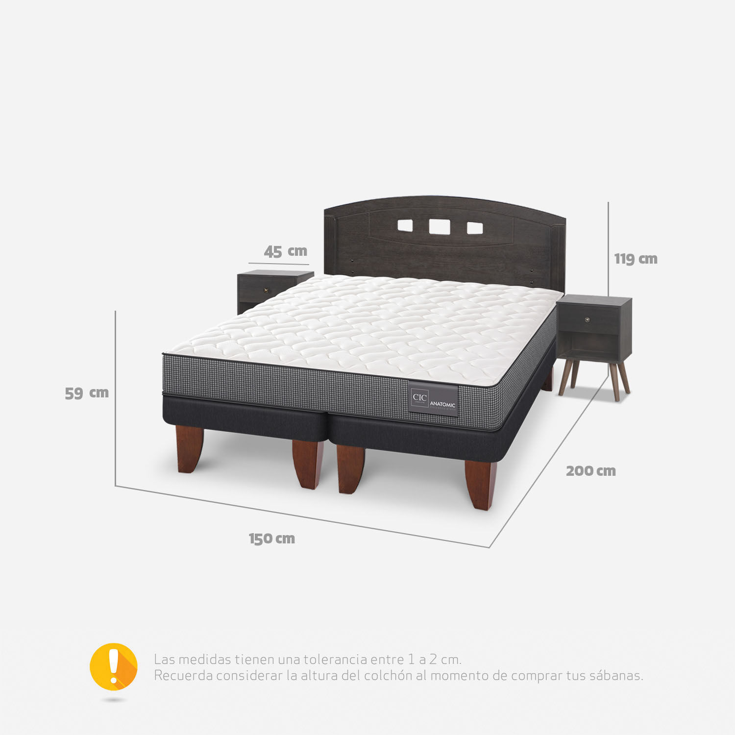 Cama Europea 2 Plazas Anatomic Base Dividida + Set Gales Gris