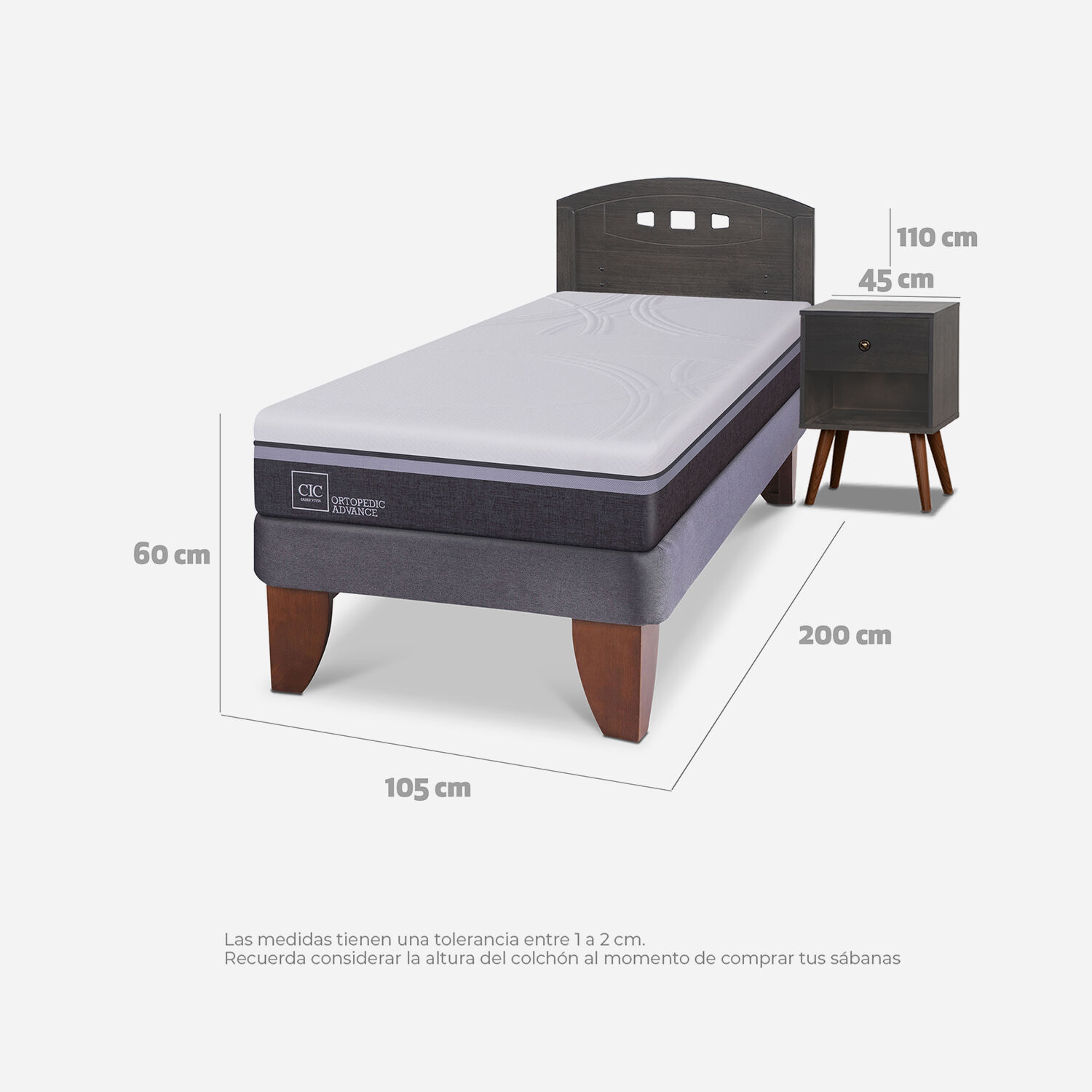 Cama Europea 1,5 Plazas Ortopedic Advance Set Gales Gris