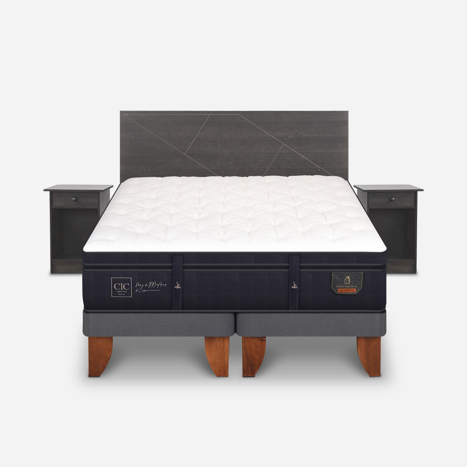 Cama Europea 2 Plazas Super Premium Base Dividida + Set Villarrica Gris