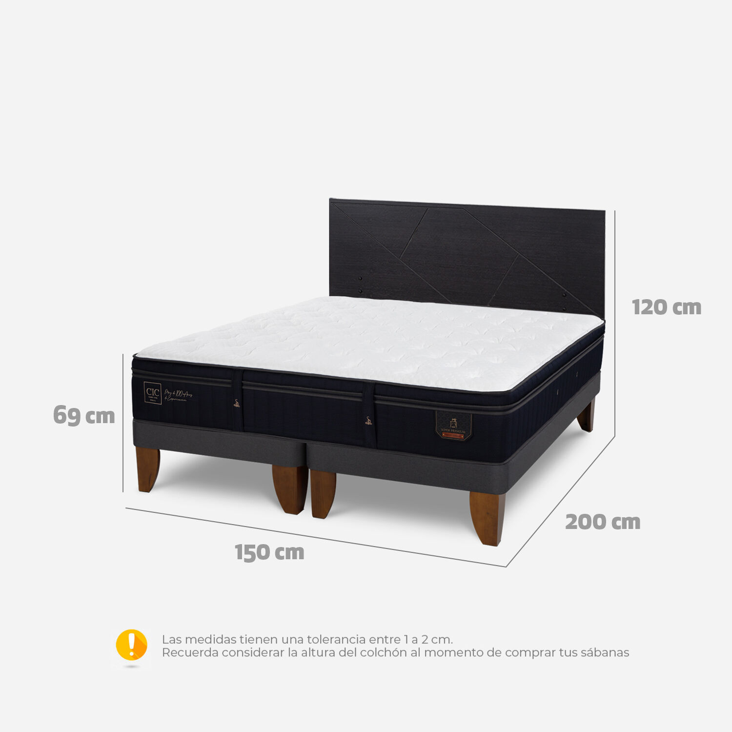 Cama Europea 2 Plazas Super Premium Base Dividida + Respaldo Villarrica Negro