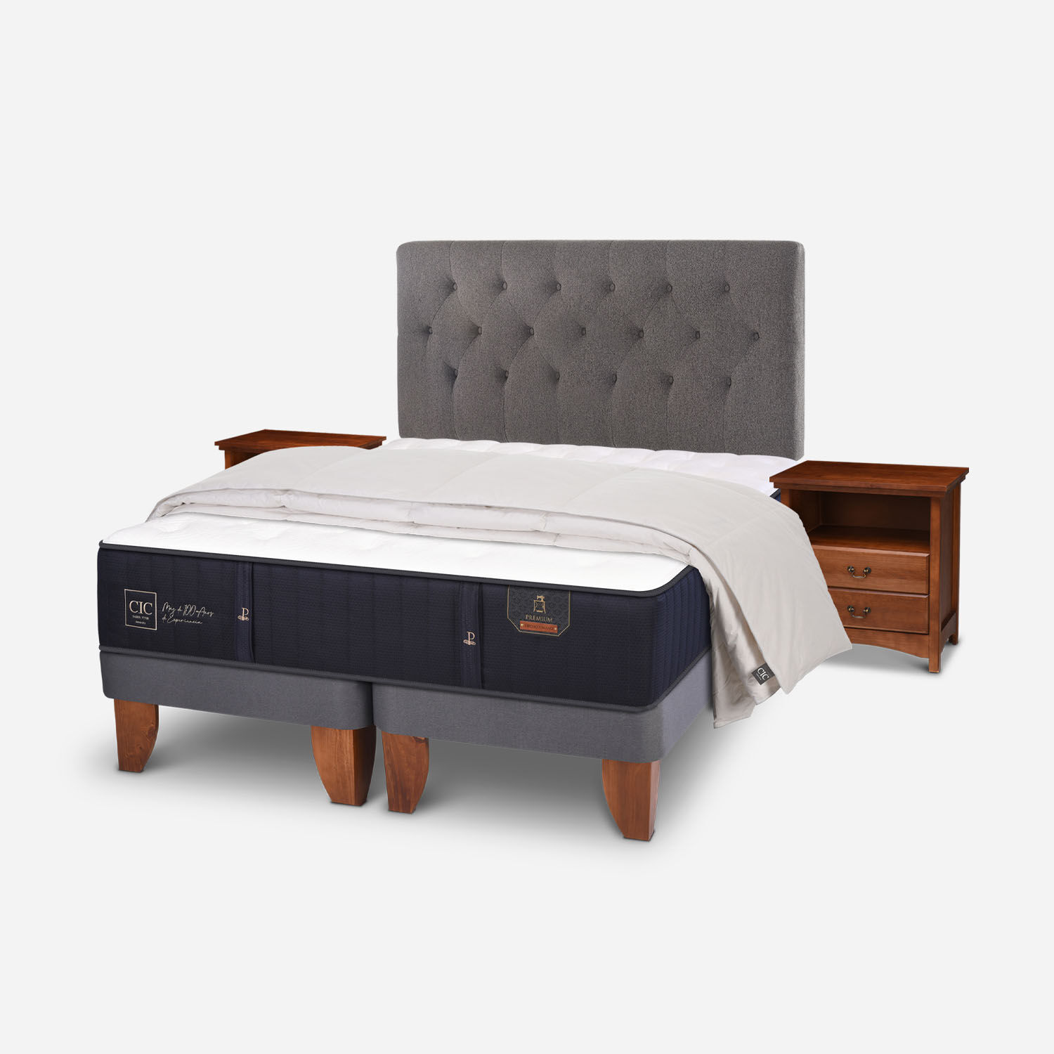 Cama Europea 2 Plazas Premium Base Dividida + Set Kaveri + Plum&oacute;n 100% Pluma de Ganso