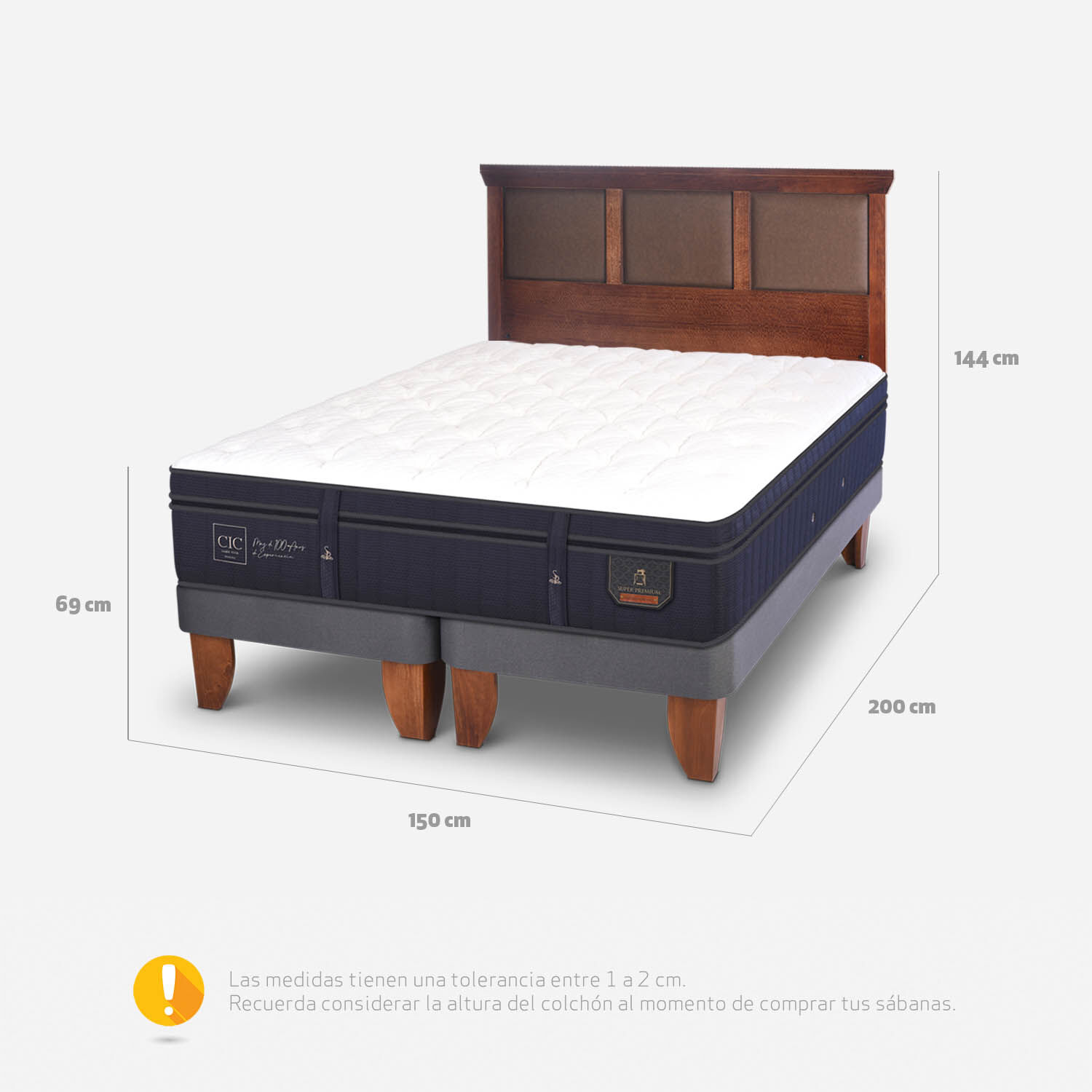 Cama Europea 2 Plazas Super Premium Base Dividida + Respaldo Torino Caramel