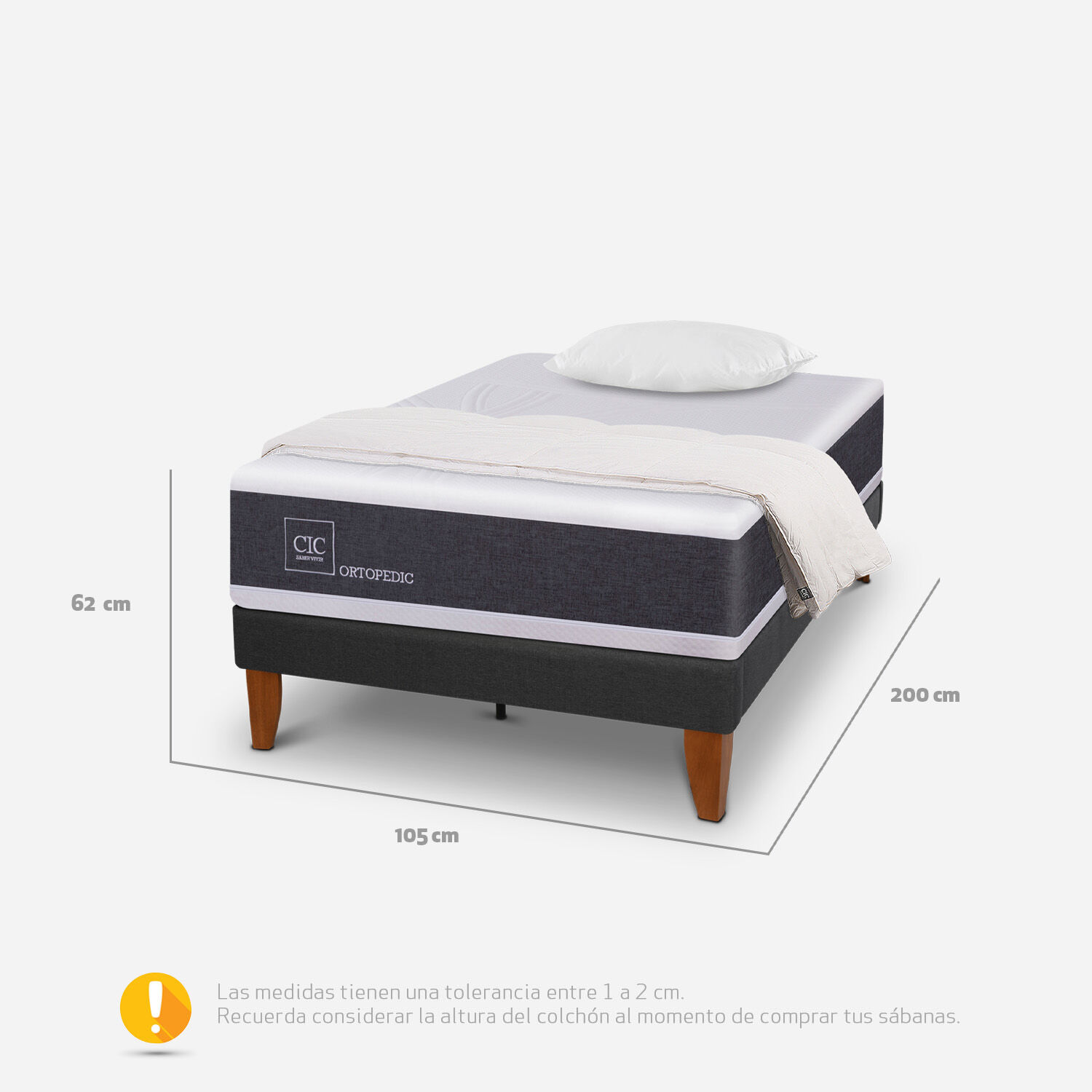 Cama Europea Curve 1,5 Plazas Ortopedic + Plum&oacute;n + Almohadas