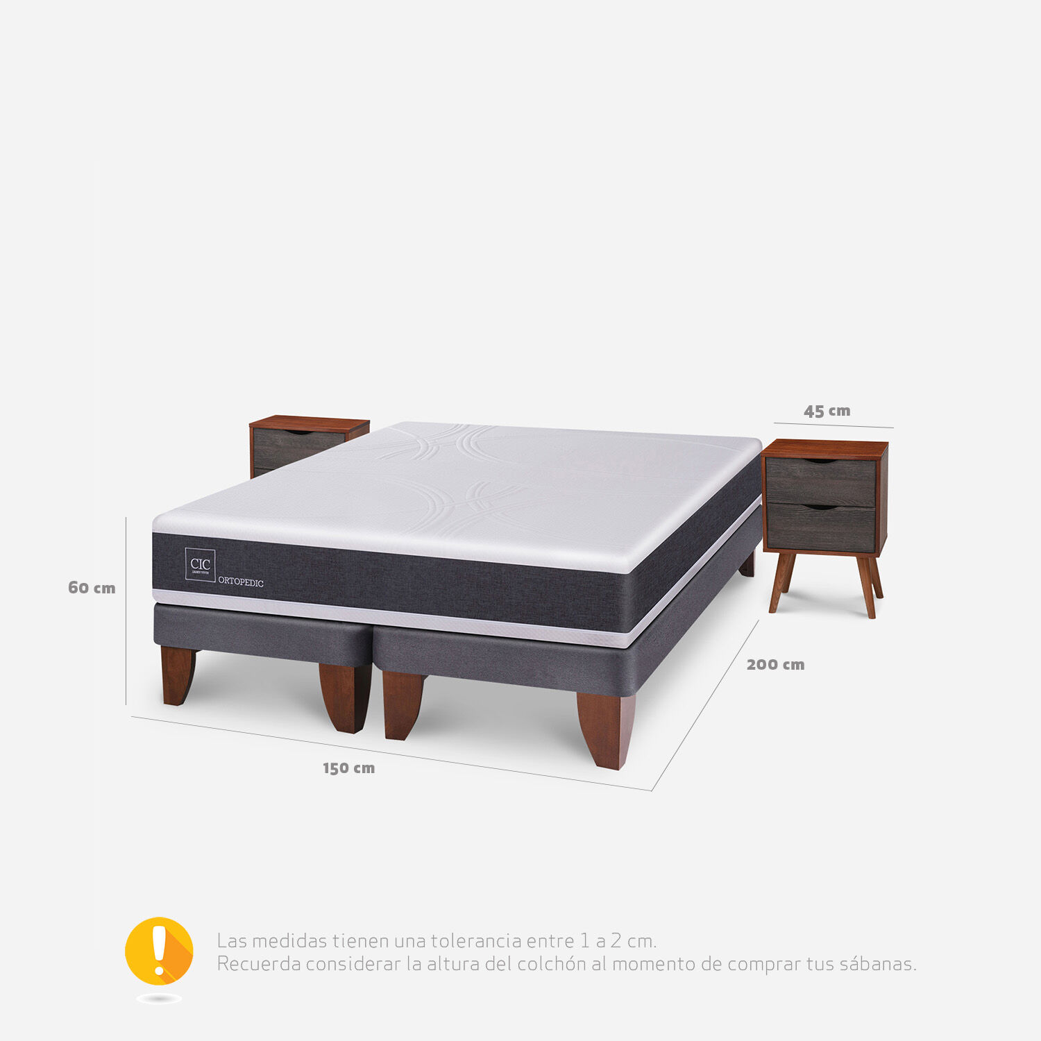 Cama Europea 2 Plazas Ortopedic Base Dividida + Veladores N&iacute;ger