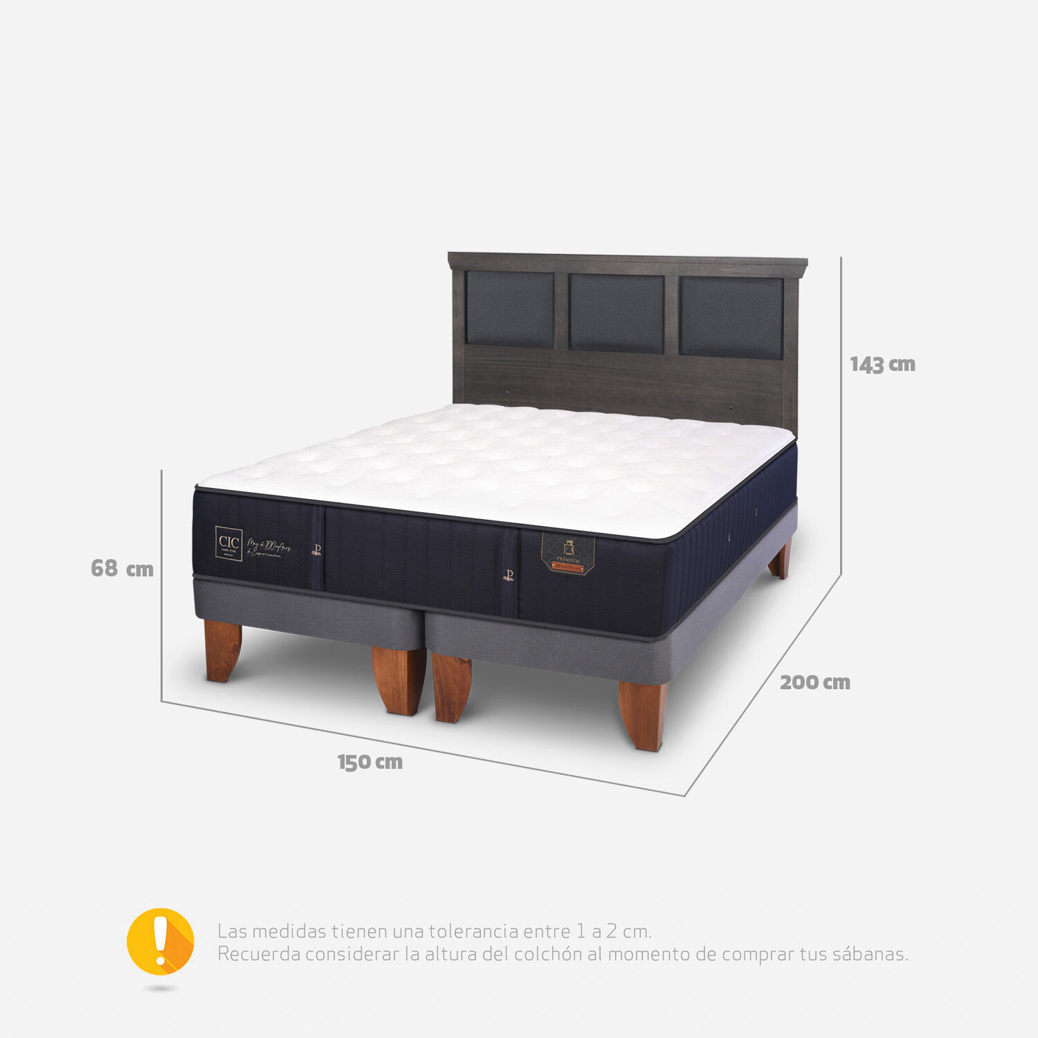 Cama Europea 2 Plazas Premium Base Dividida + Respaldo Torino Gris