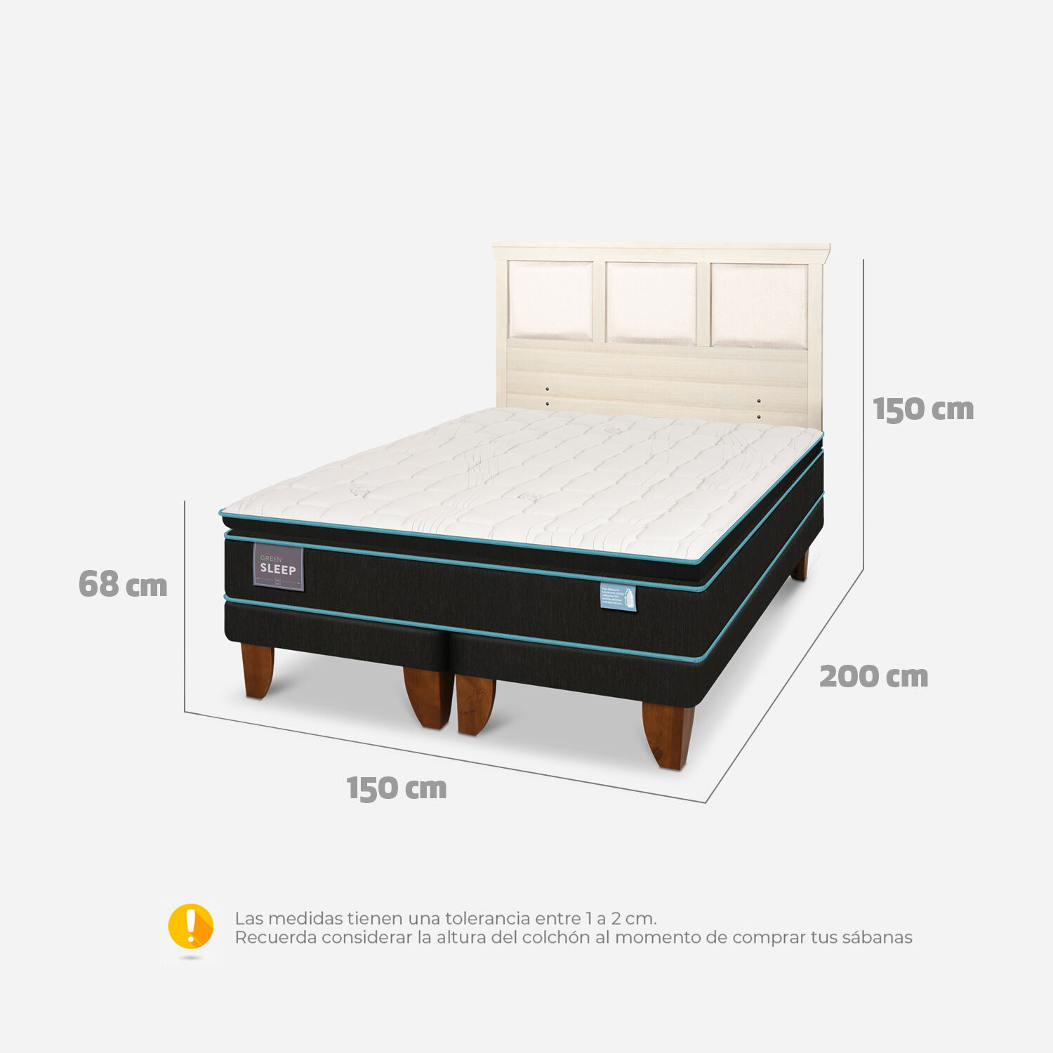 Cama Europea 2 Plazas Green Sleep Base Dividida + Respaldo Torino Alpino