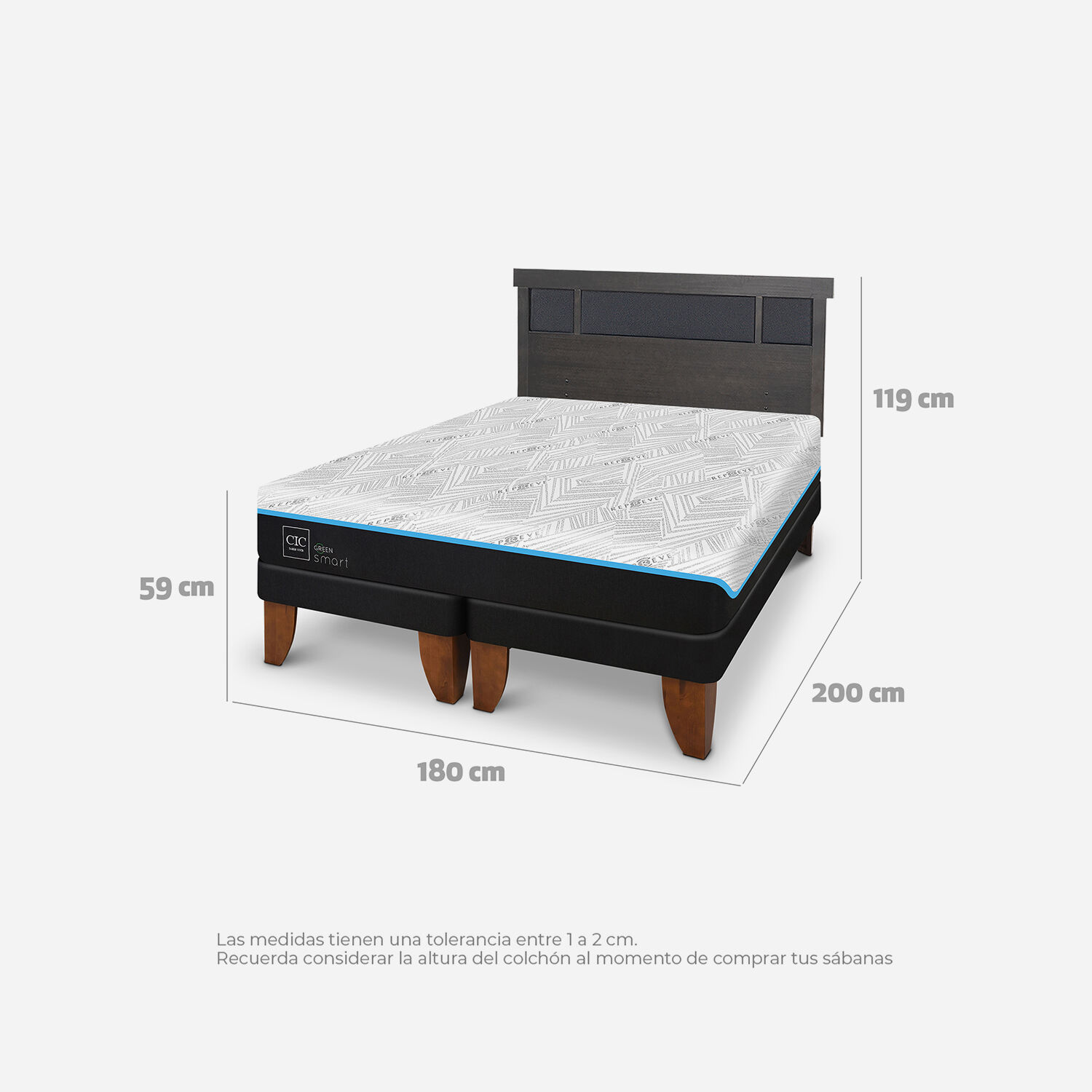 Cama Europea King Green Infinity Respaldo Dubl&iacute;n Gris