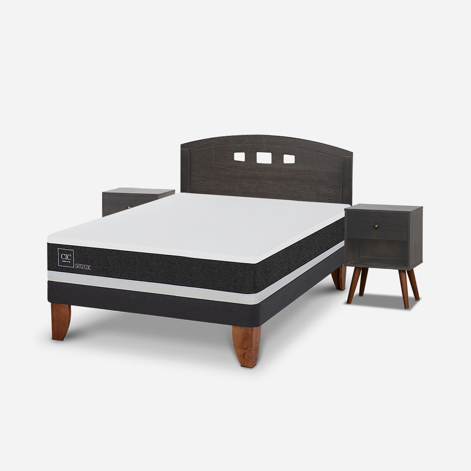 Cama Europea 2 Plazas Ortopedic Base Normal + Set Gales Gris