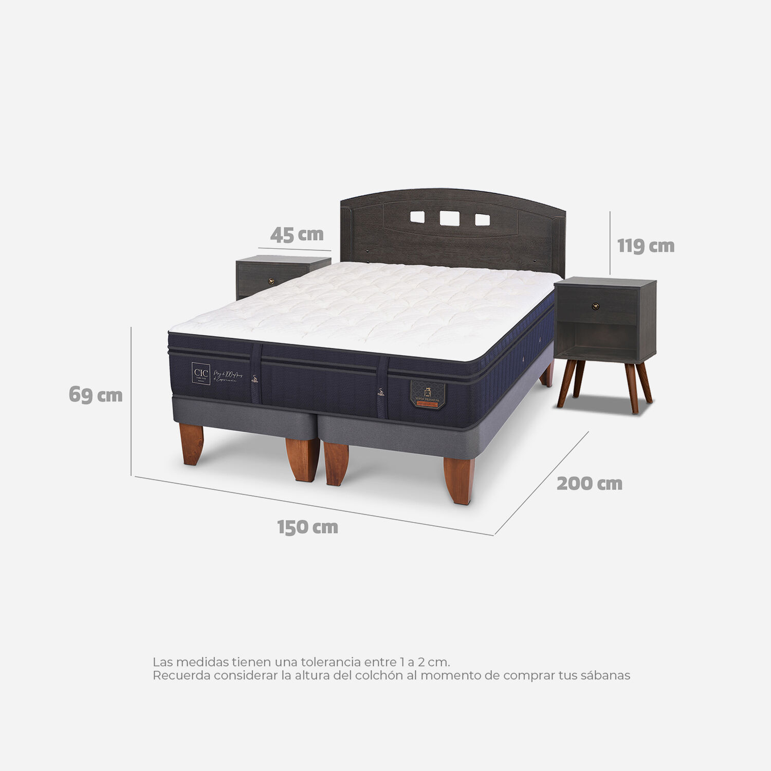 Cama Europea 2 Plazas Super Premium Base Dividida + Set Gales Gris