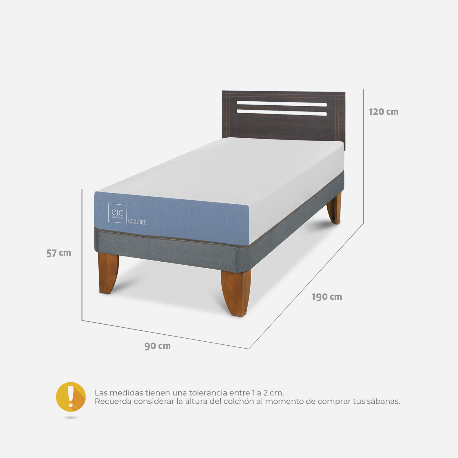 Cama Europea 1 Plaza Excellence + Respaldo M&uacute;nich Gris