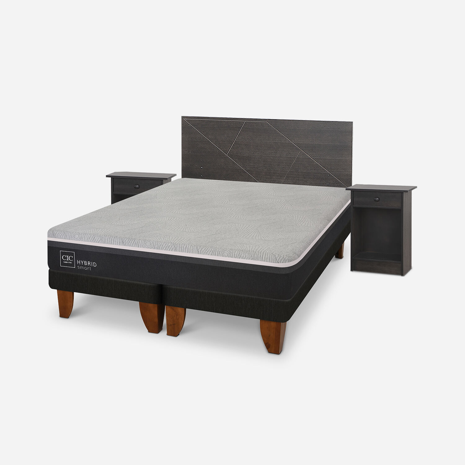 Cama Europea 2 Plazas Hybrid + Set Villarrica Gris
