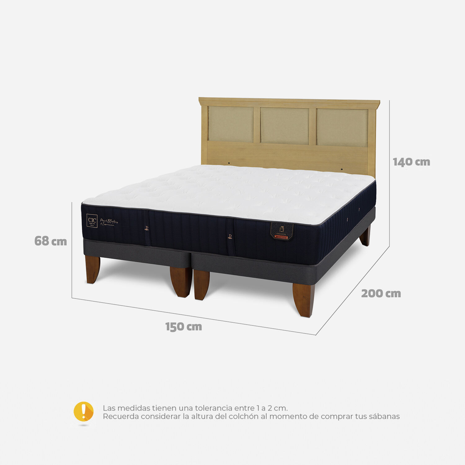 Cama Europea 2 Plazas Premium Base Dividida + Respaldo Torino Mostaza