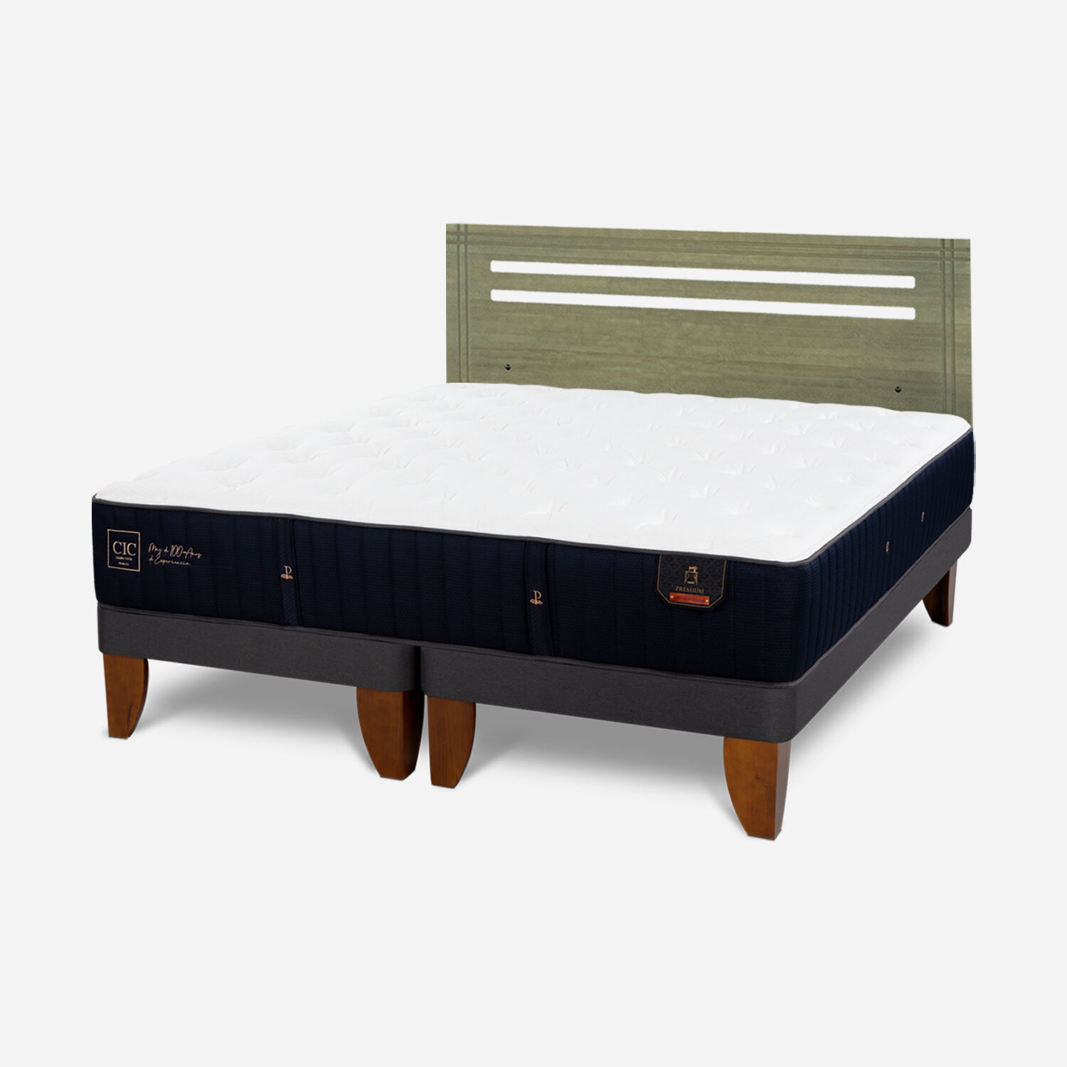 Cama Europea 2 Plazas Premium Base Dividida + Respaldo M&uacute;nich Olivo