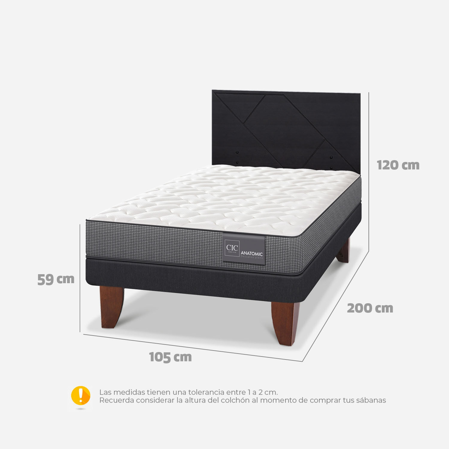 Cama Europea 1,5 Plazas Anatomic + Respaldo Villarrica Negro