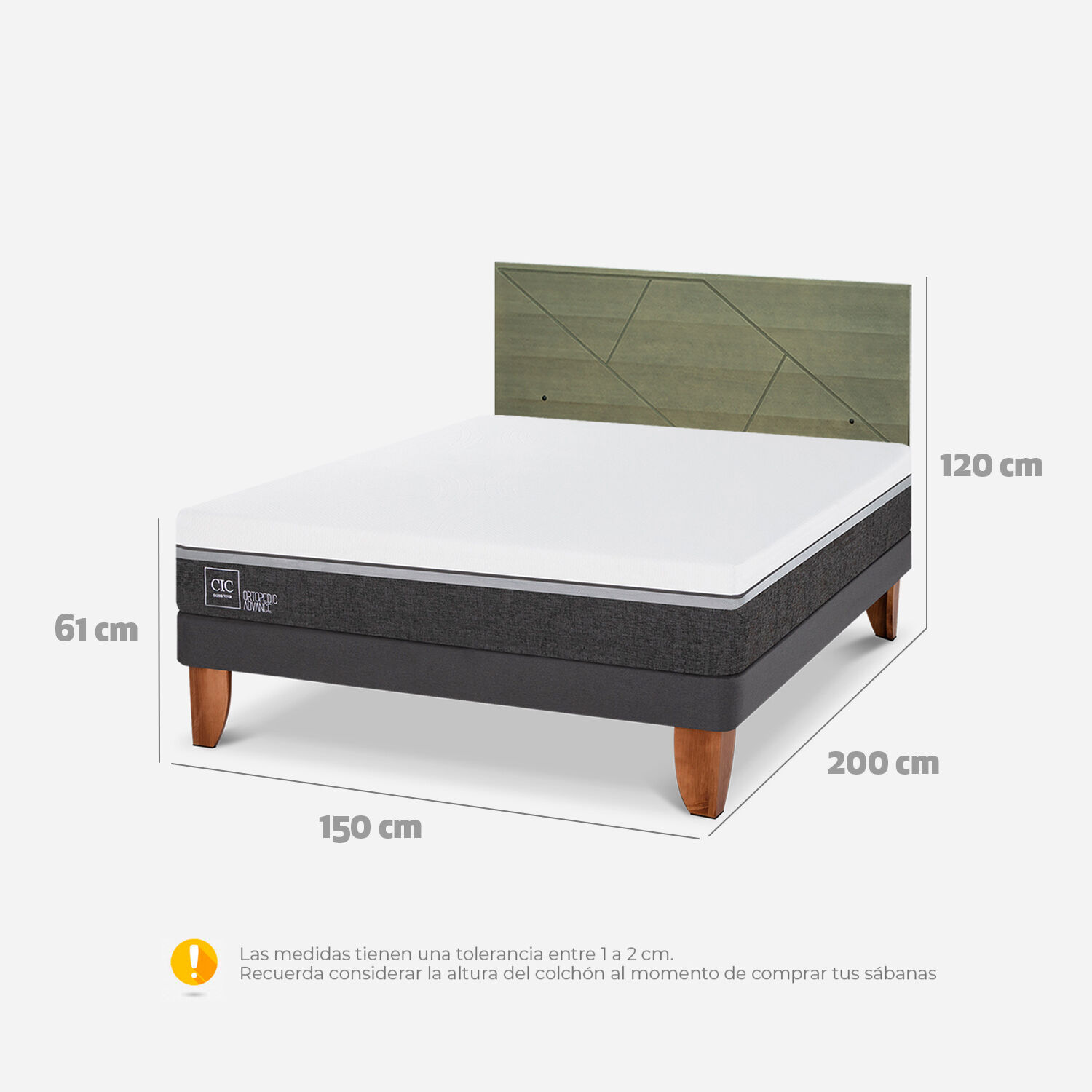 Cama Europea 2 Plazas Ortopedic Advance Base Normal + Respaldo Villarrica Olivo