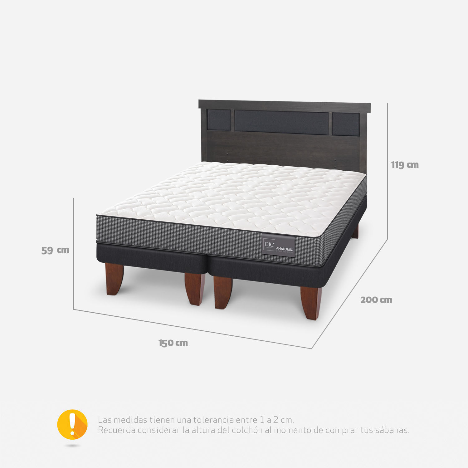 Cama Europea 2 Plazas Anatomic Base Dividida + Respaldo Dubl&iacute;n Gris