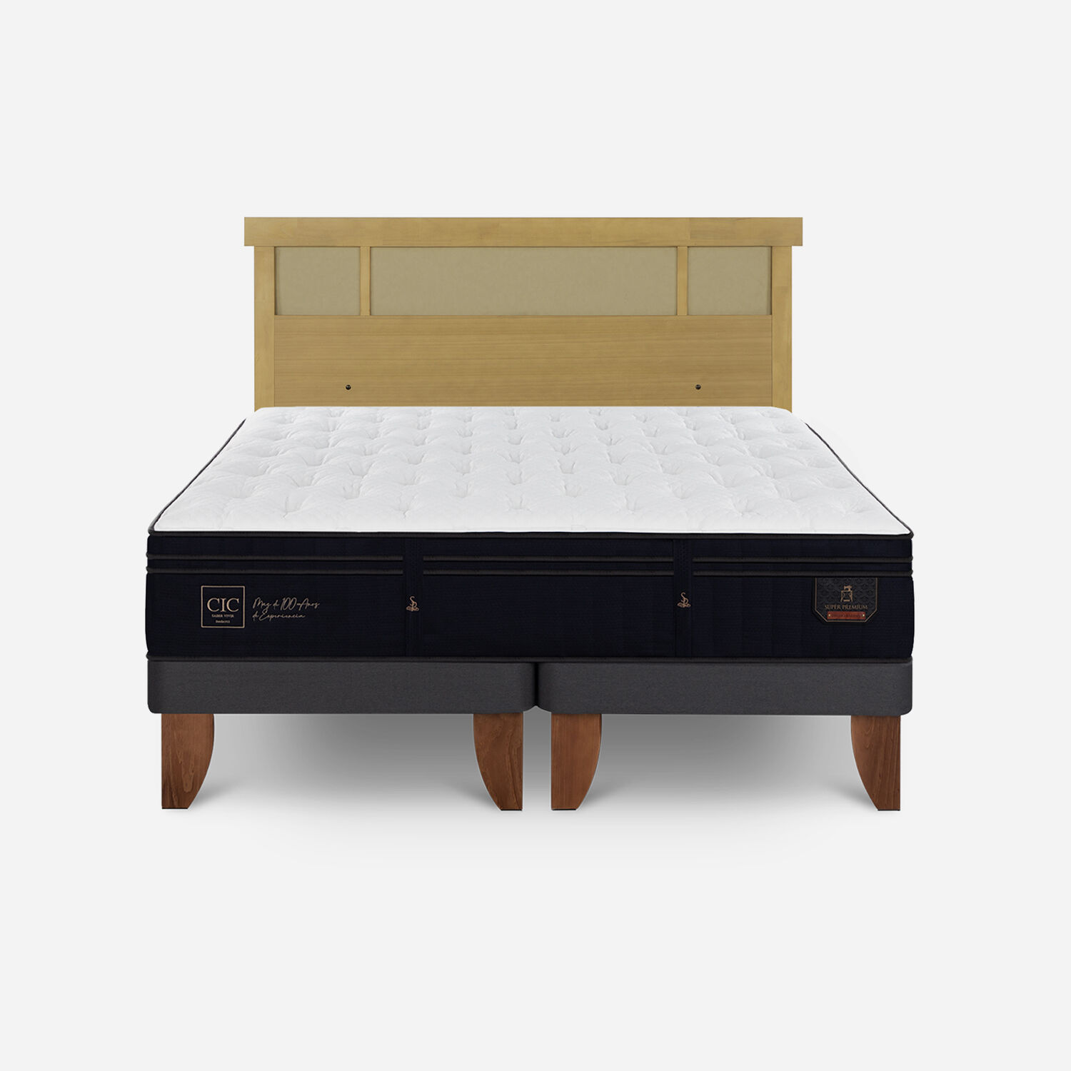 Cama Europea King Super Premium + Respaldo Dubl&iacute;n Mostaza