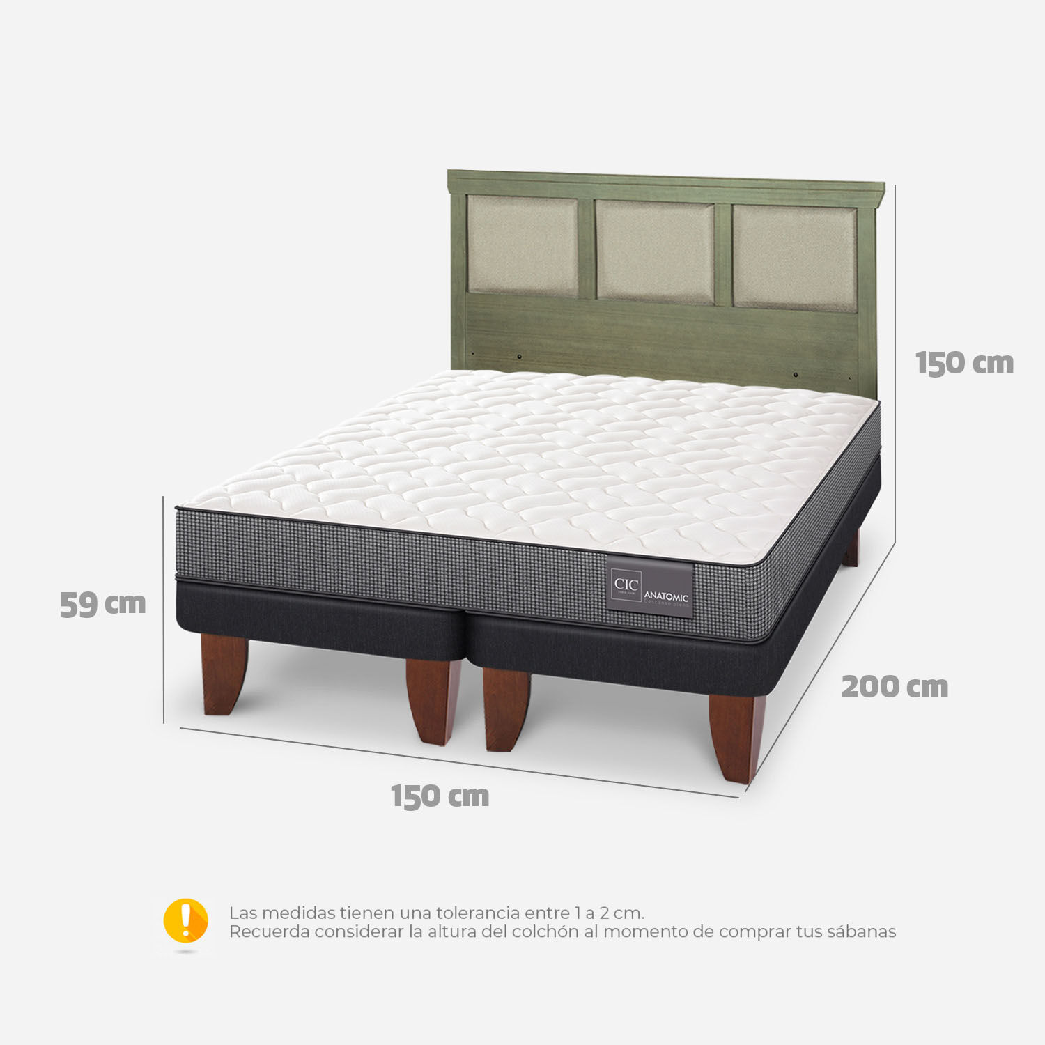 Cama Europea 2 Plazas Anatomic Base Dividida + Respaldo Torino Olivo