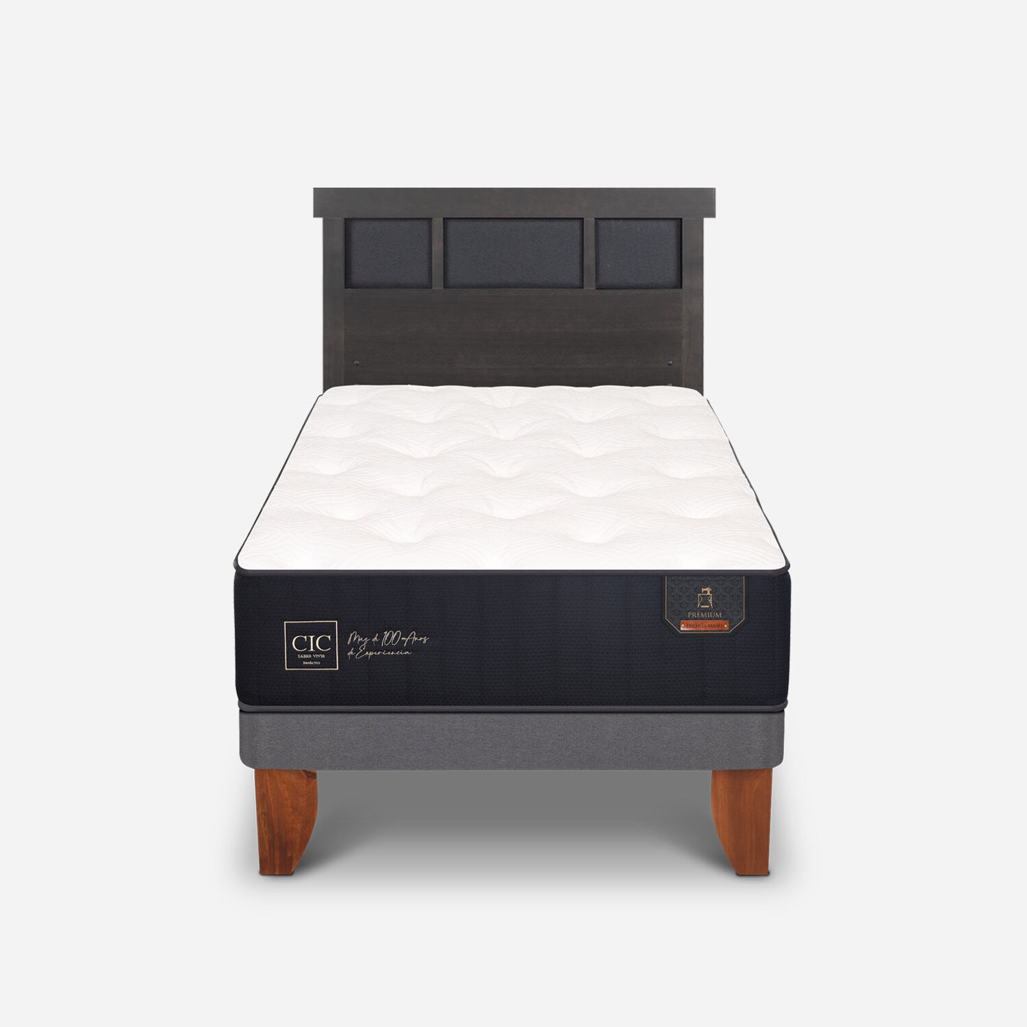 Cama Europea 1,5 Plazas Premium + Respaldo Dubl&iacute;n Gris