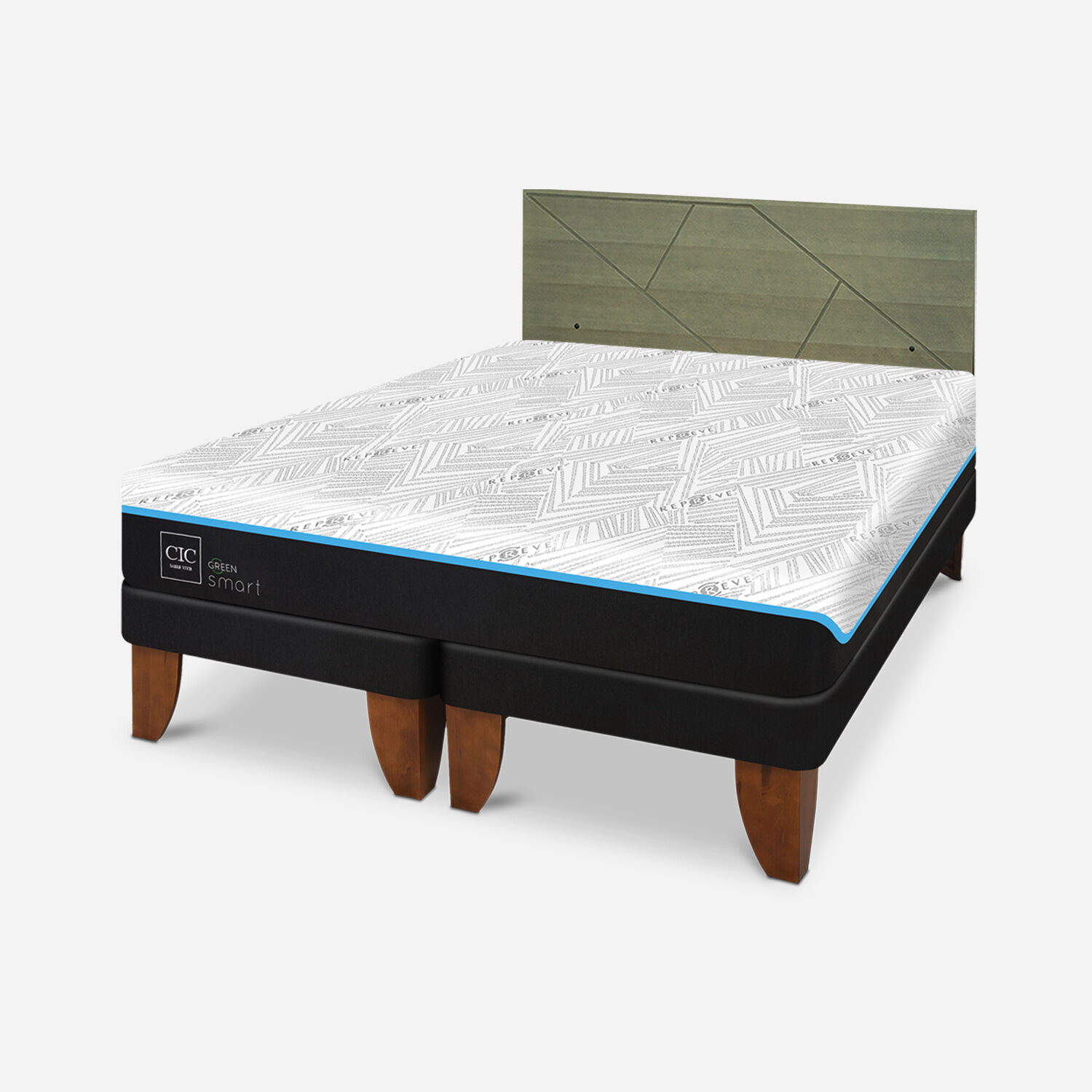 Cama Europea King Green Infinity + Respaldo Villarrica Olivo
