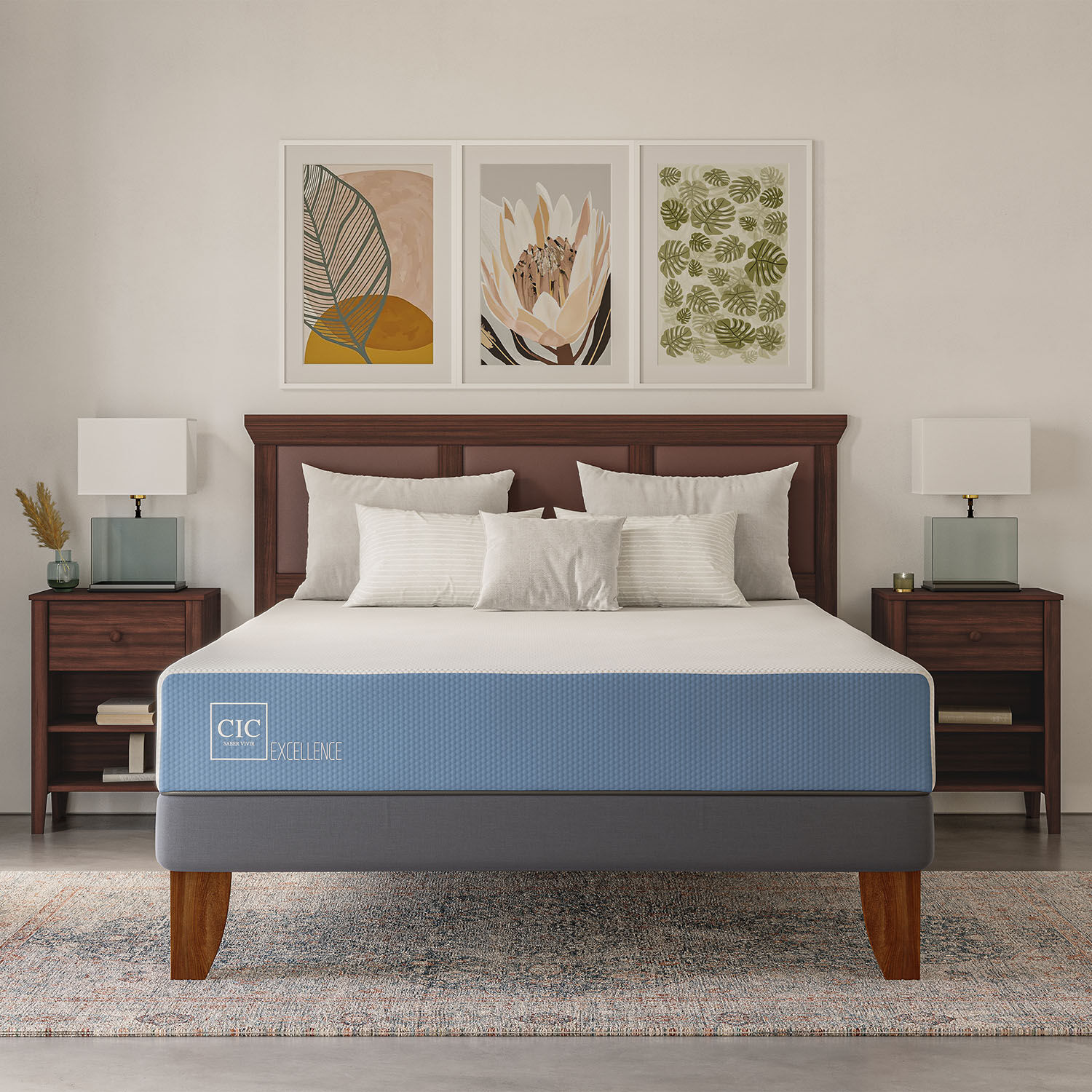 Cama Europea 2 Plazas Excellence Base Normal + Respaldo Gales Gris