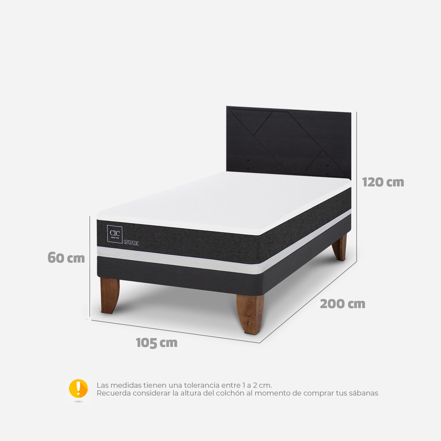 Cama Europea 1,5 Plazas Ortopedic + Respaldo Villarrica Negro