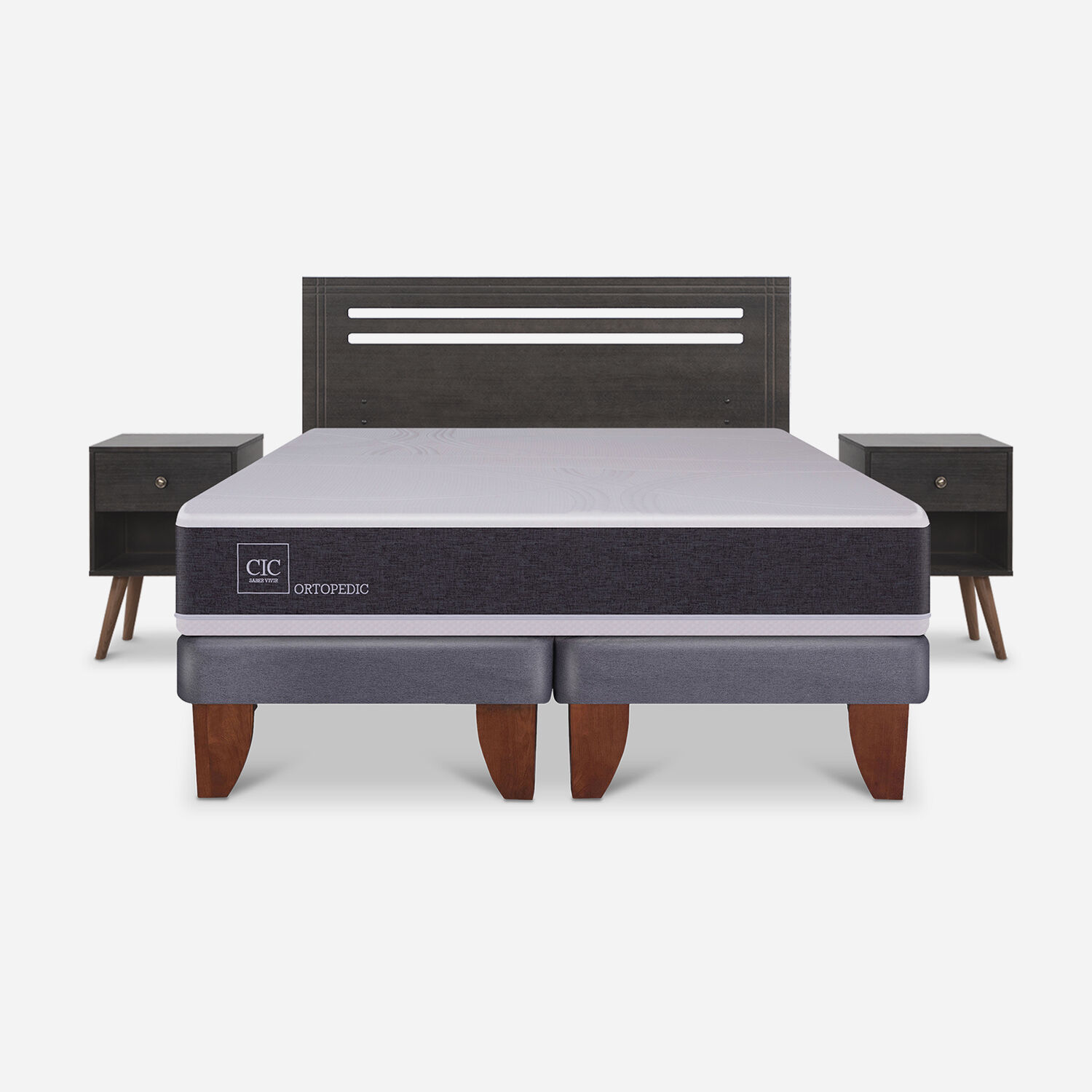 Cama Europea 2 Plazas Ortopedic Base Dividida + Set M&uacute;nich Gris