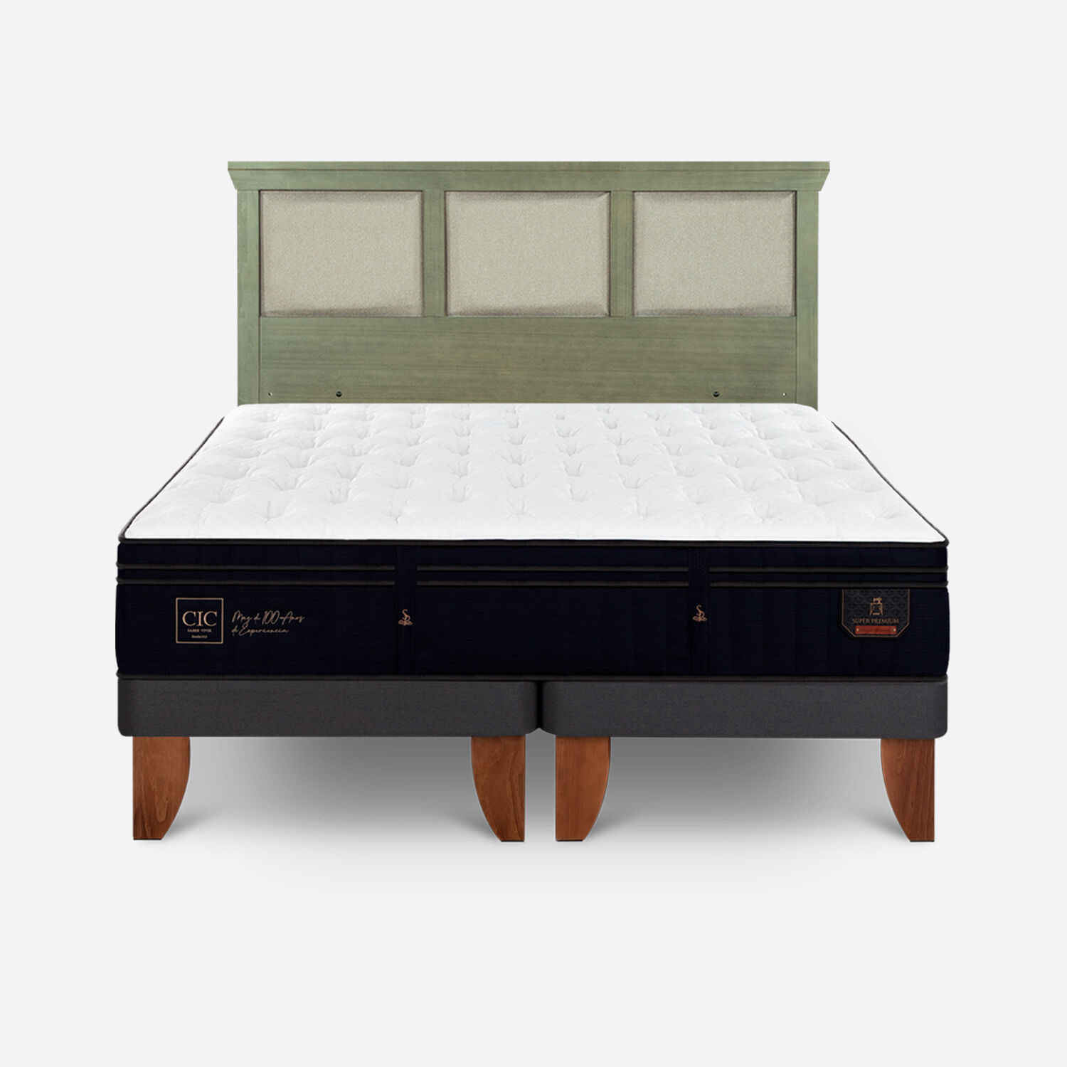 Cama Europea 2 Plazas Super Premium Base Dividida + Respaldo Torino Olivo