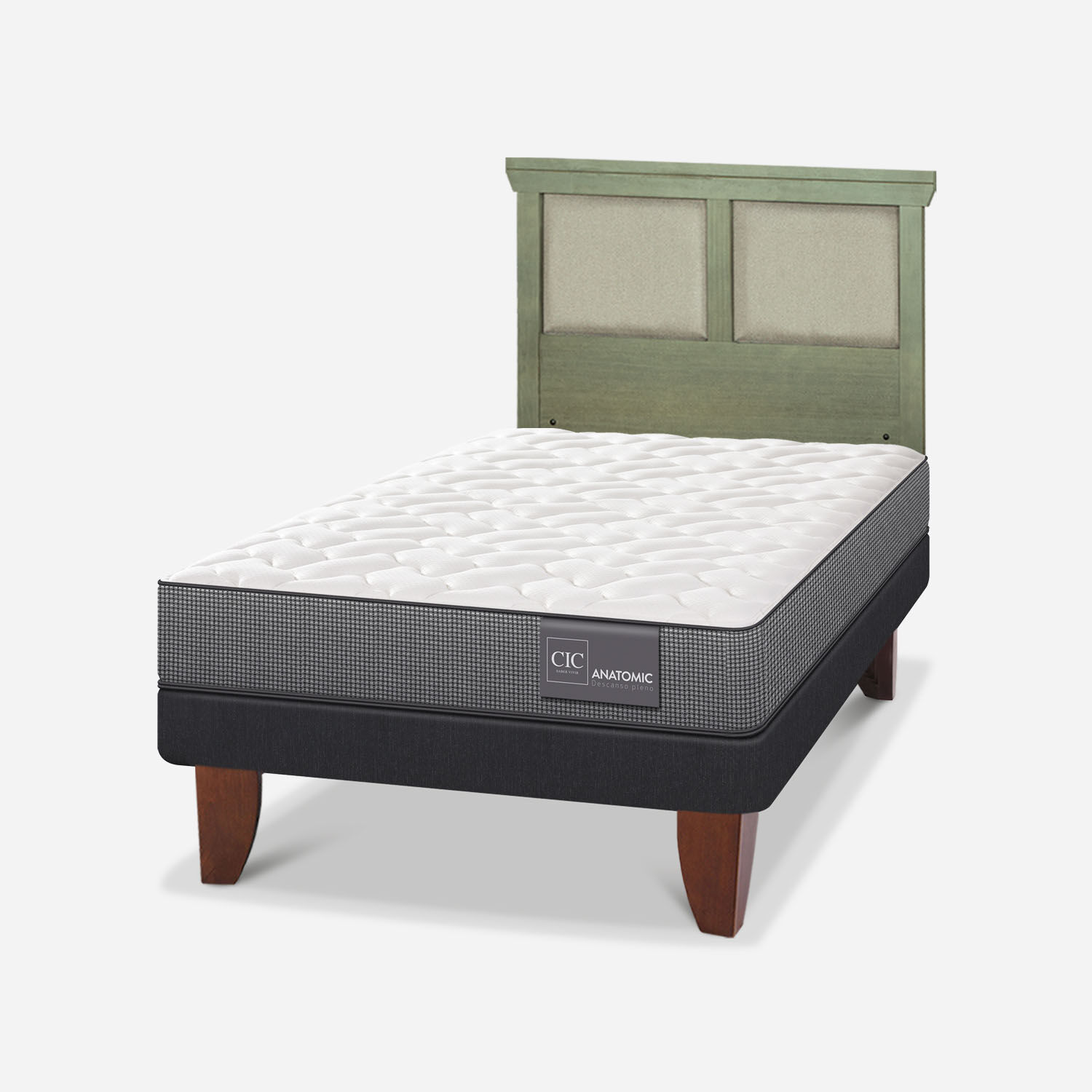 Cama Europea 1,5 Plazas Anatomic + Respaldo Torino Olivo