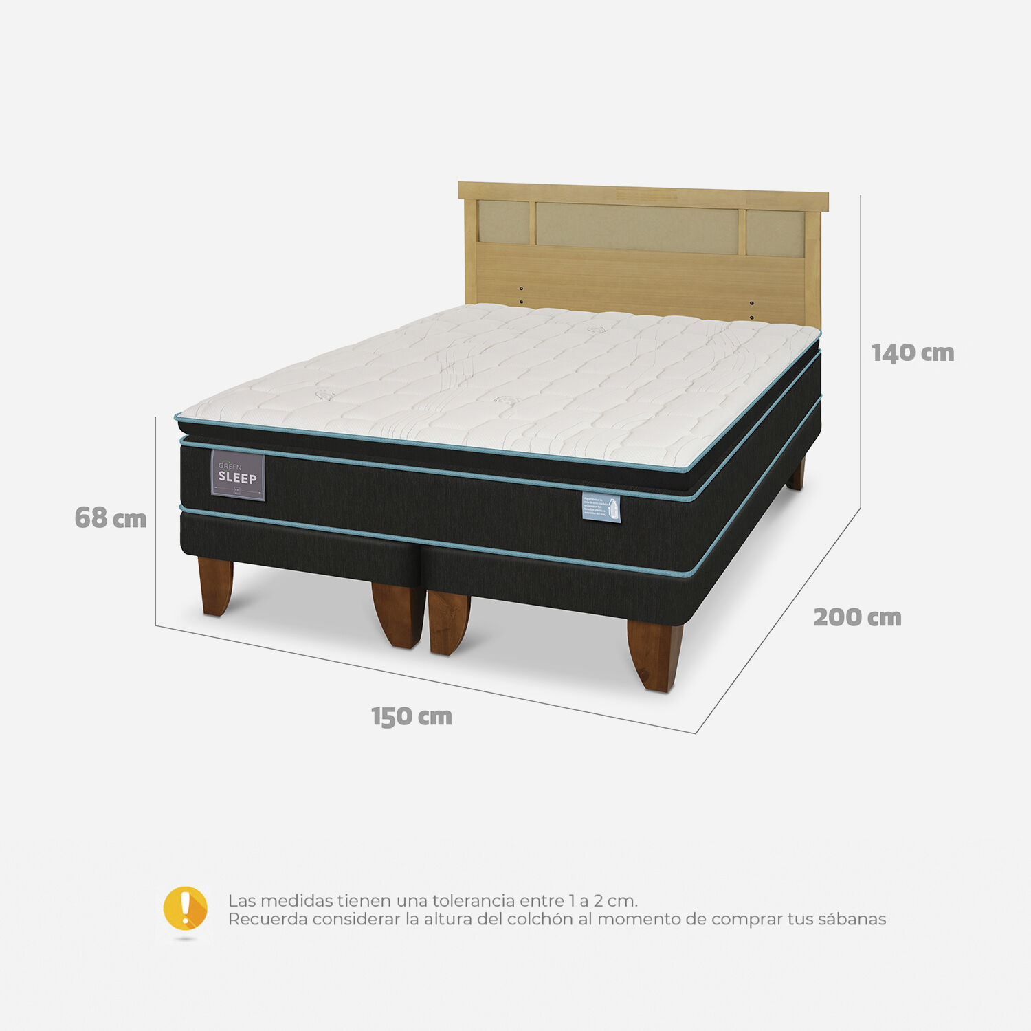 Cama Europea 2 Plazas Green Sleep Base Dividida + Respaldo Dubl&iacute;n Mostaza