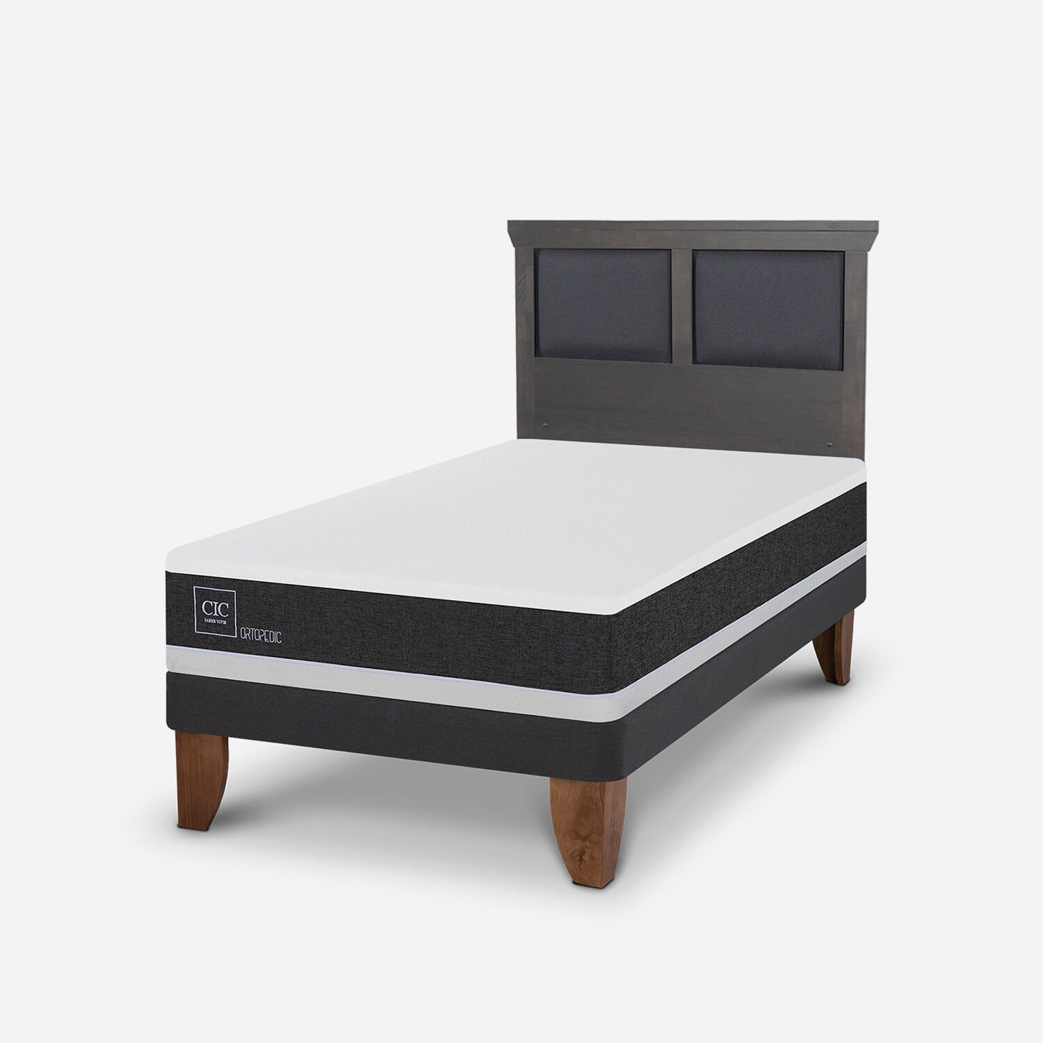 Cama Europea 1,5 Plazas Ortopedic + Respaldo Torino Gris