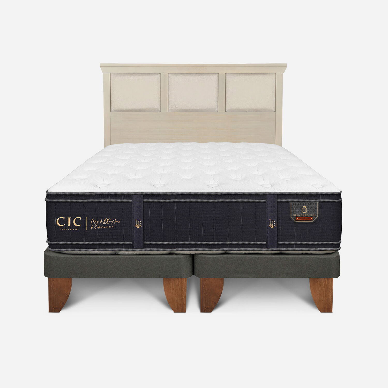 Cama Europea 2 Plazas Grand Premium Base Dividida + Respaldo Torino Alpino