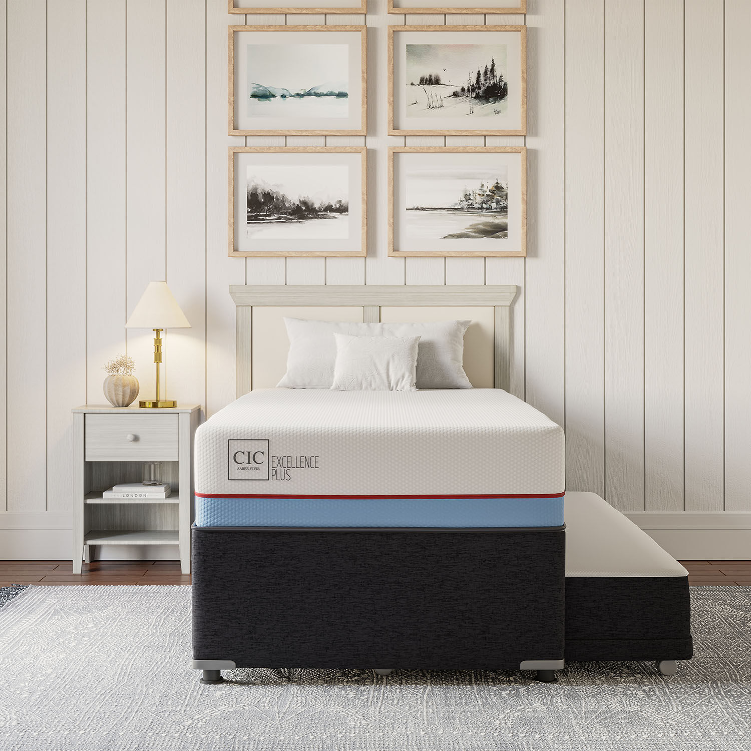 Cama Nido Div&aacute;n Excellence Plus + Respaldo M&uacute;nich Mostaza